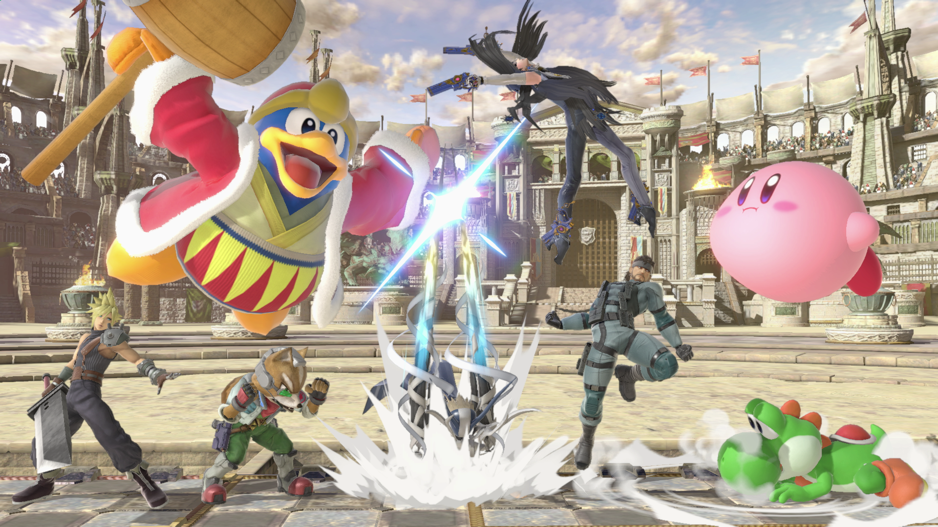 Super Smash Bros. Ultimate: King Dedede, Kirby, Bayonetta, Snake, Fox, Cloud, Yoshi HD Wallpaper