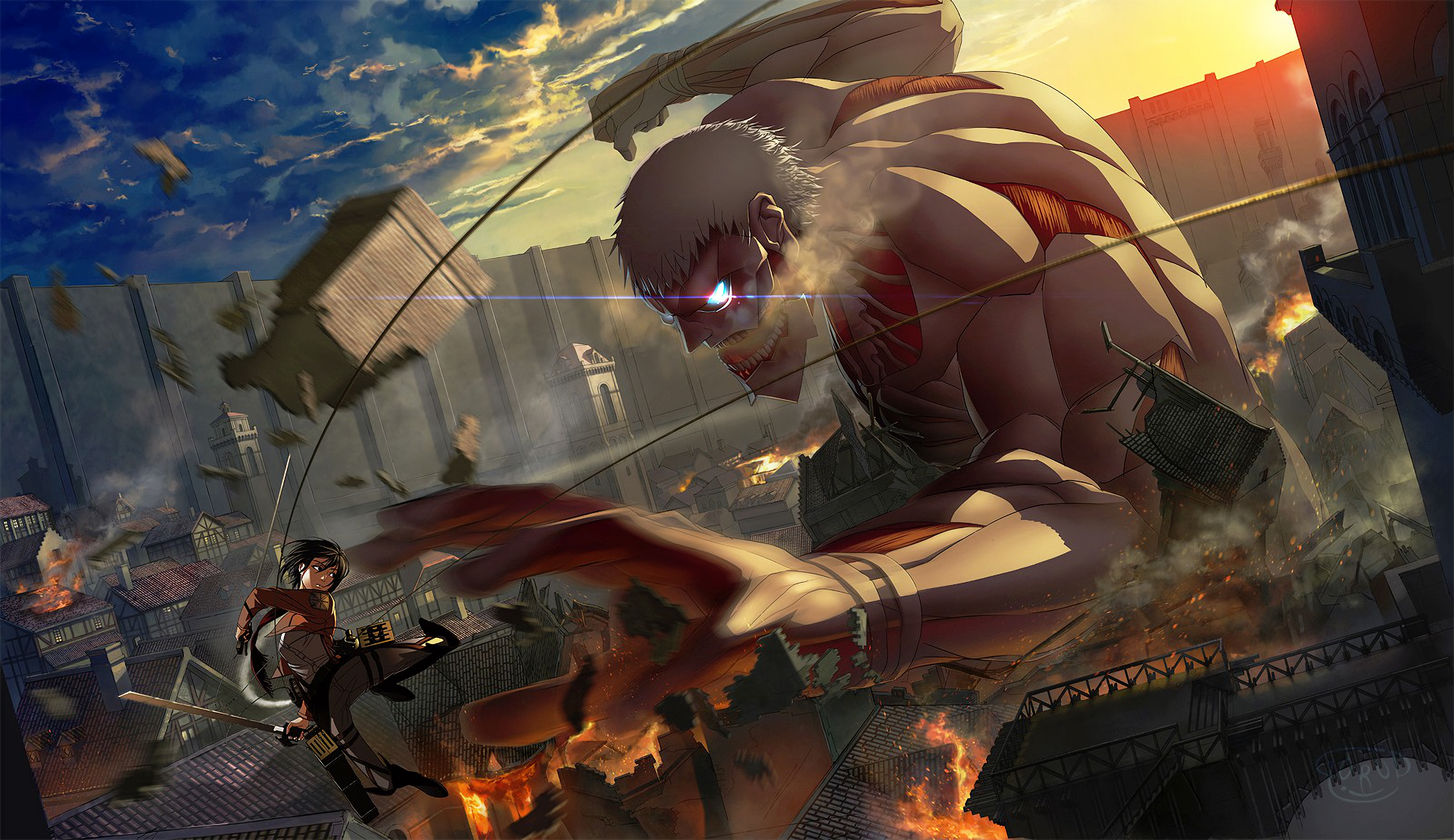Mikasa Ackerman fighting the Armored Titan in Attack on Titan HD Wallpaper