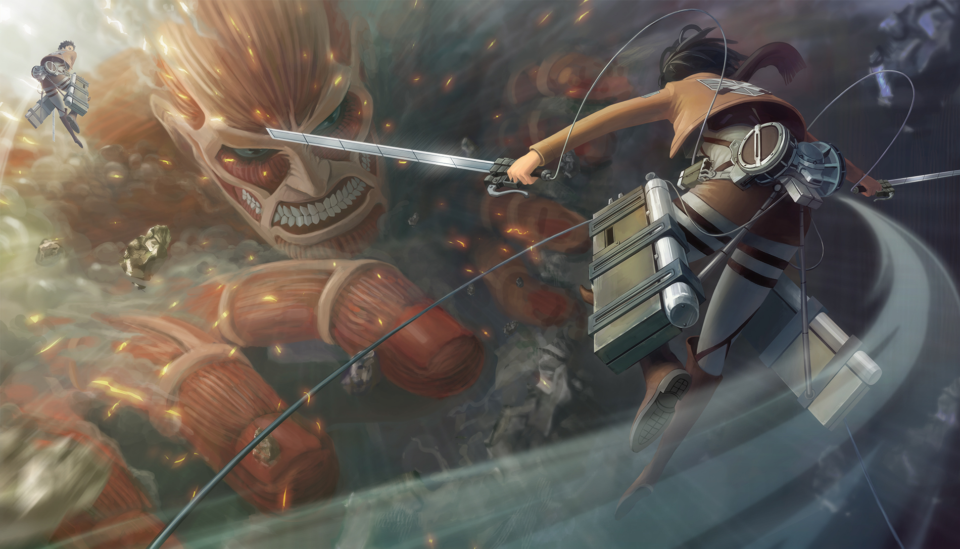 Mikasa Ackerman fighting the Colossal Titan from Attack on Titan HD Wallpaper