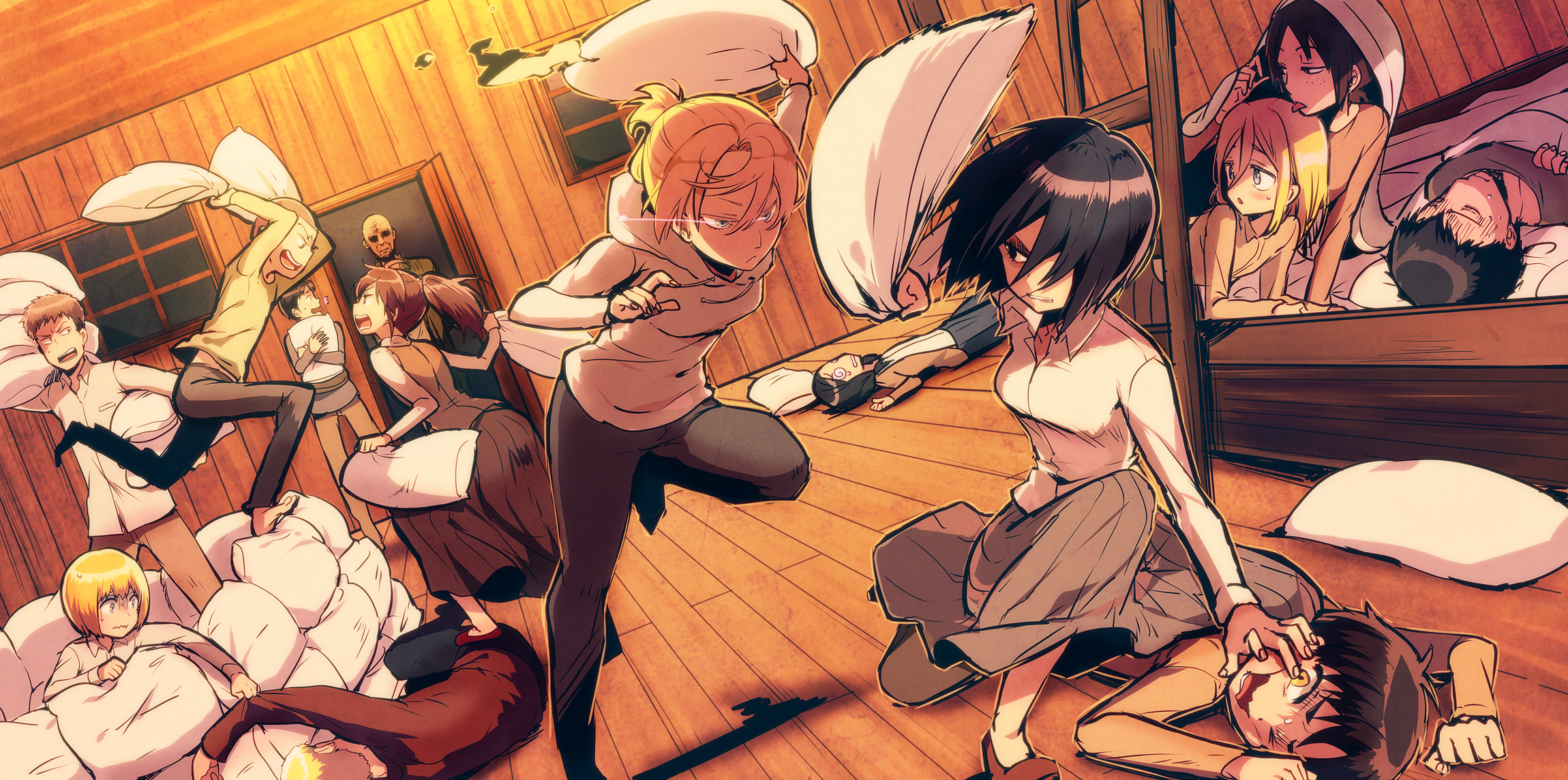 Attack on Titan characters having a pillow fight HD Wallpaper