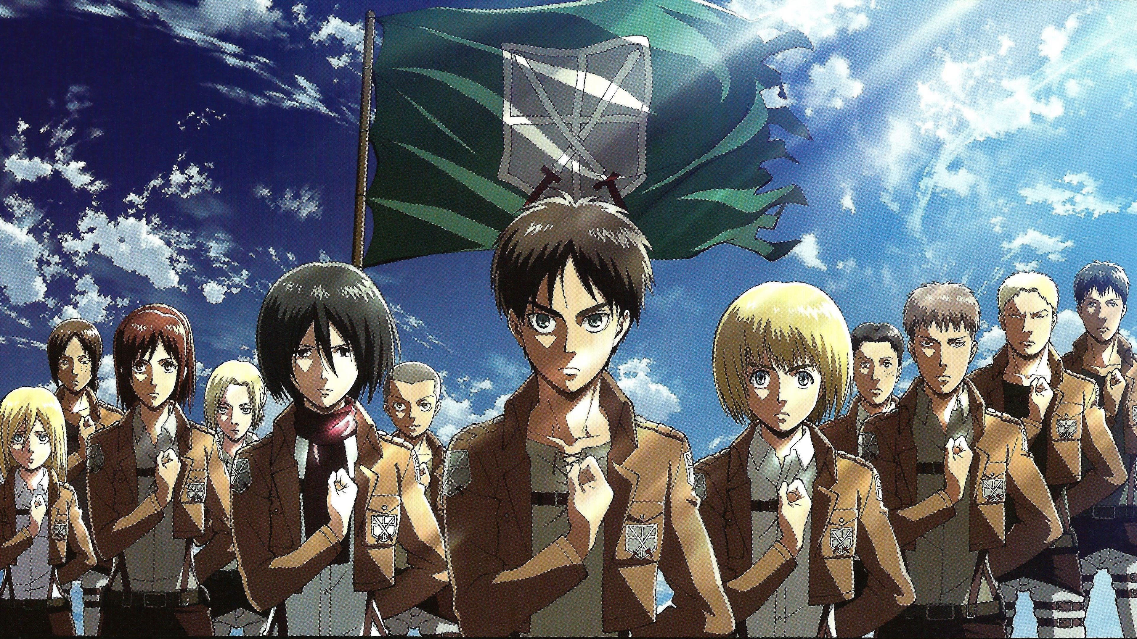 Attack on Titan characters with Survey Corps flag HD Wallpaper