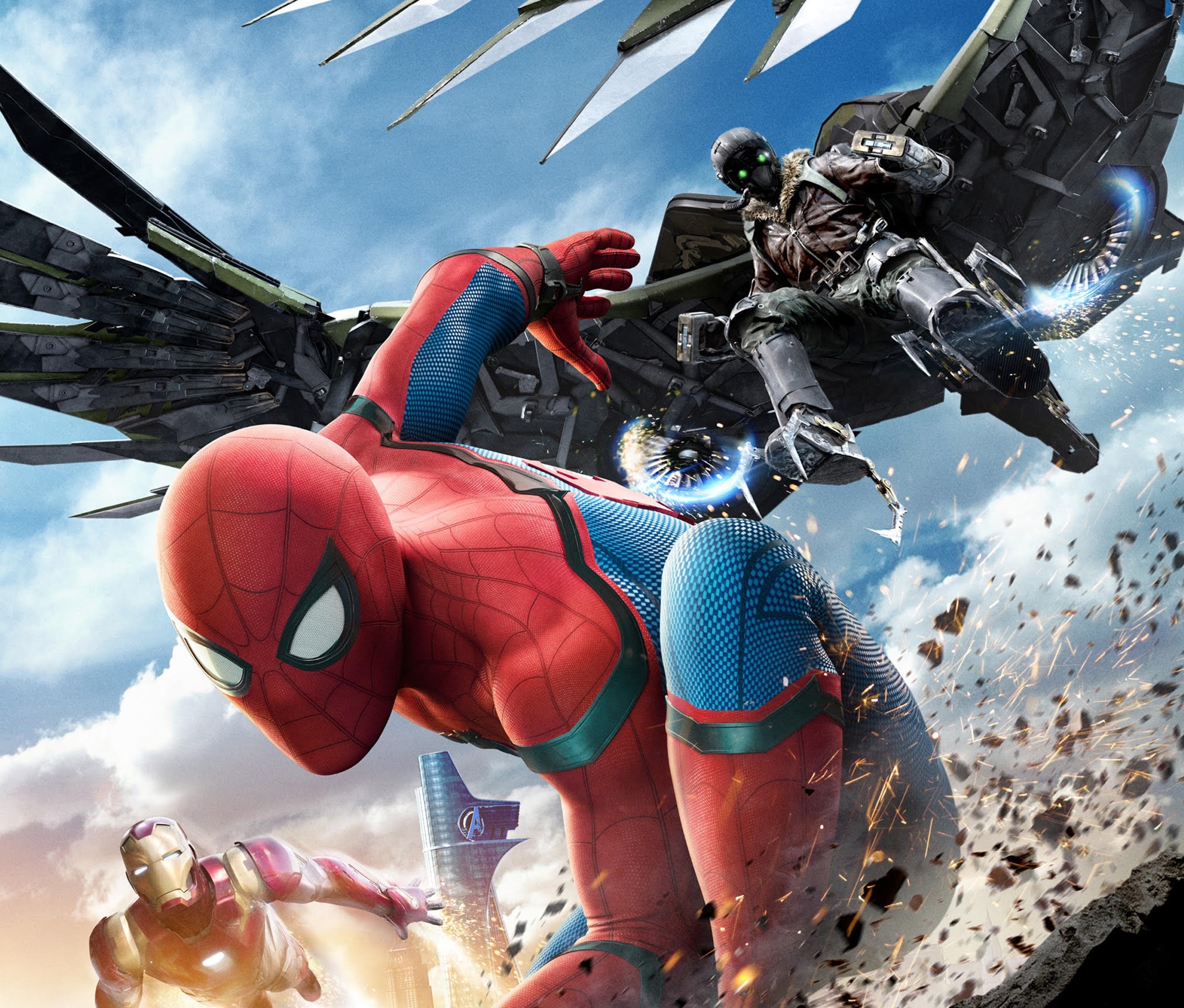 Spider-Man, Vulture, and Iron Man in battle HD Wallpaper