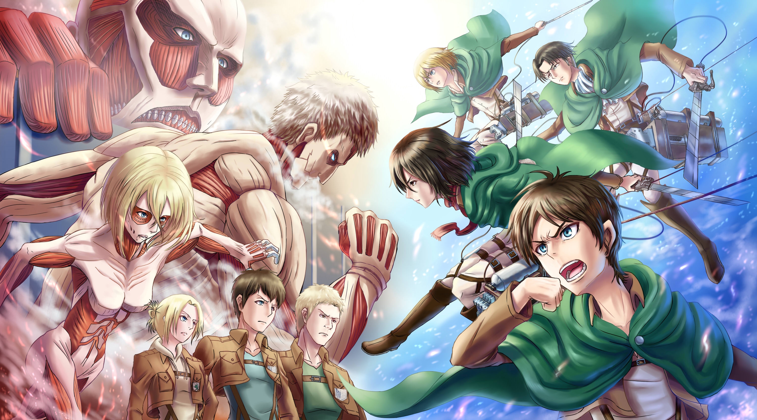 Attack on Titan characters fighting Titans HD Wallpaper