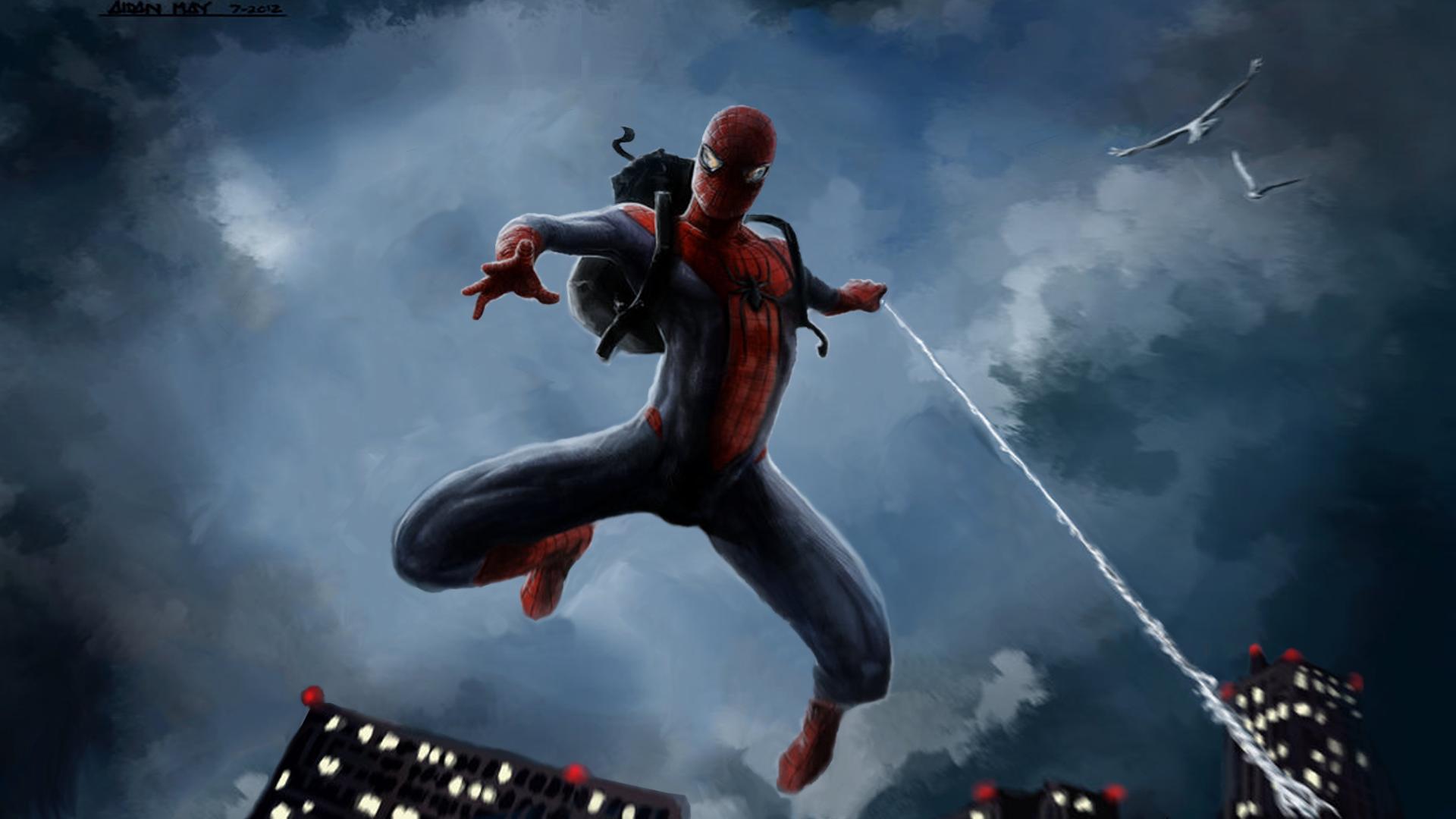 Spider-Man swinging through a cloudy city at night HD Wallpaper