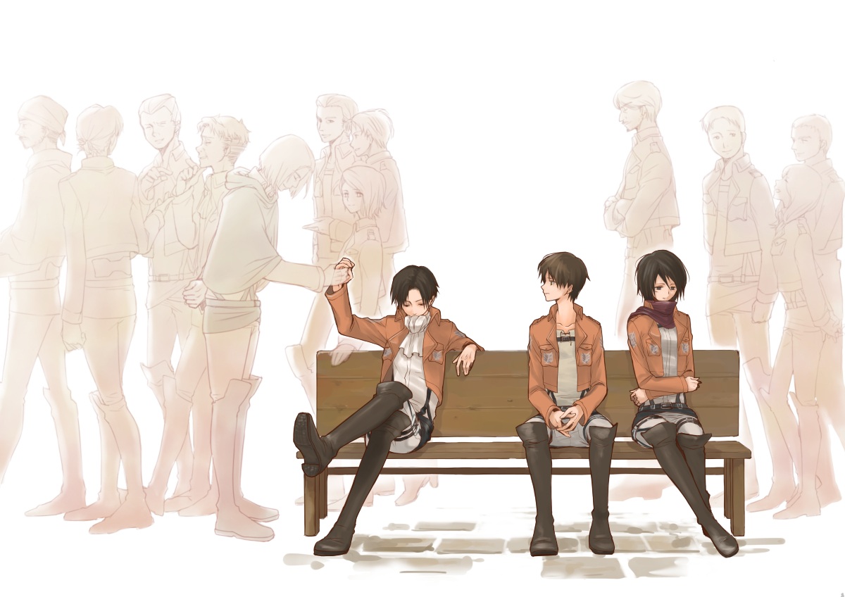 Attack on Titan characters sitting on a bench HD Wallpaper