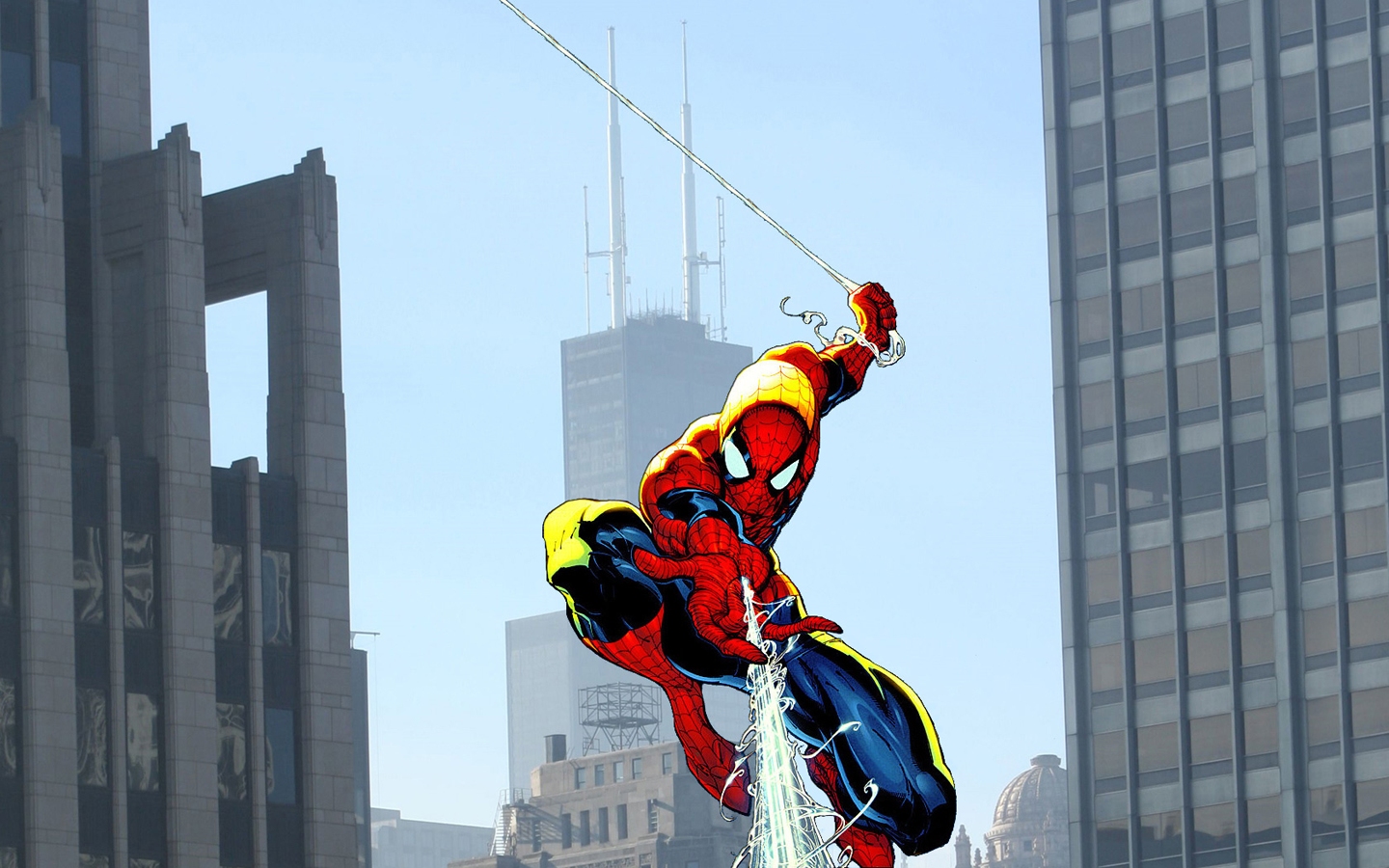 Spider-Man swinging between skyscrapers HD Wallpaper