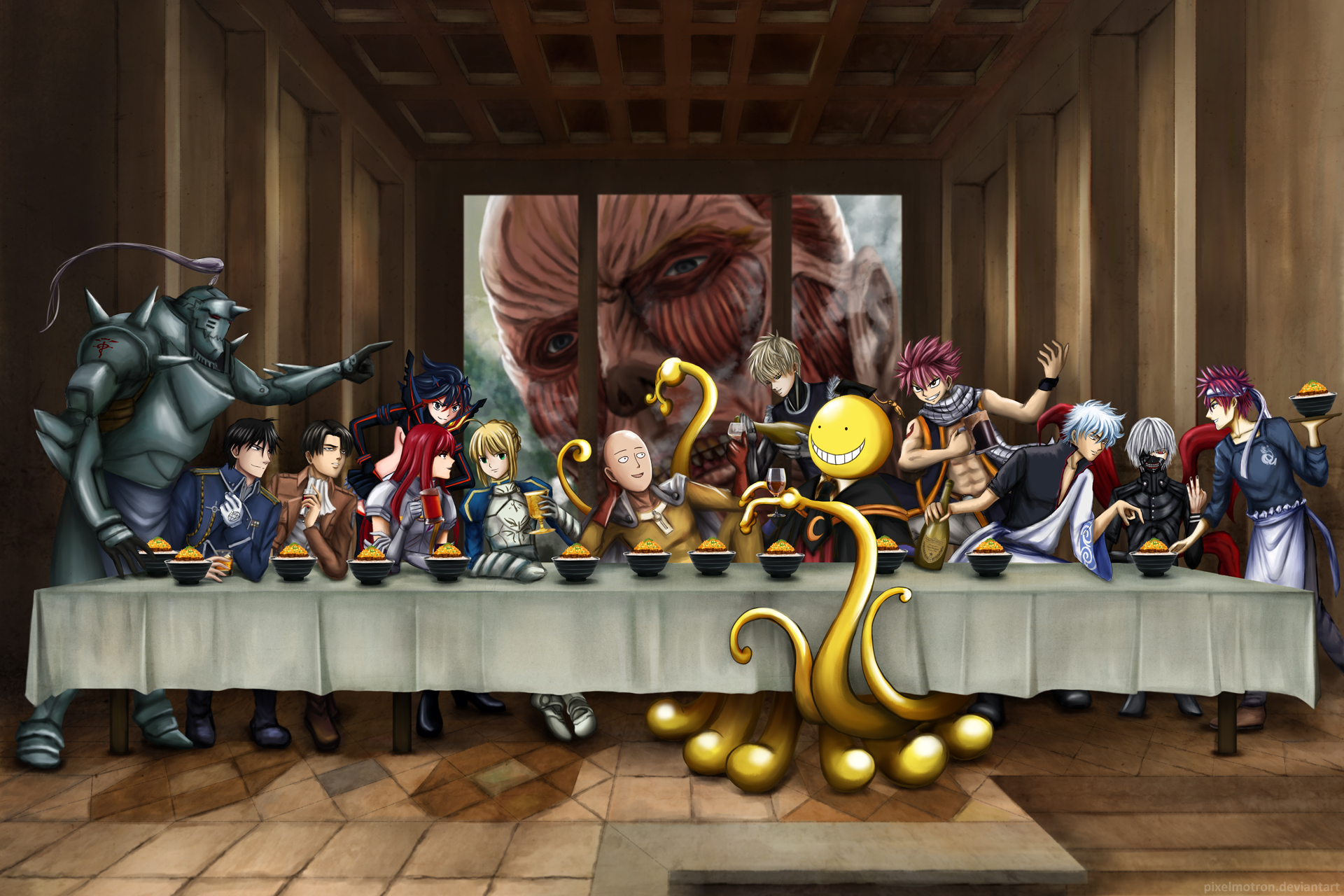 Anime characters at a Last Supper-style feast with a Titan in the background HD Wallpaper