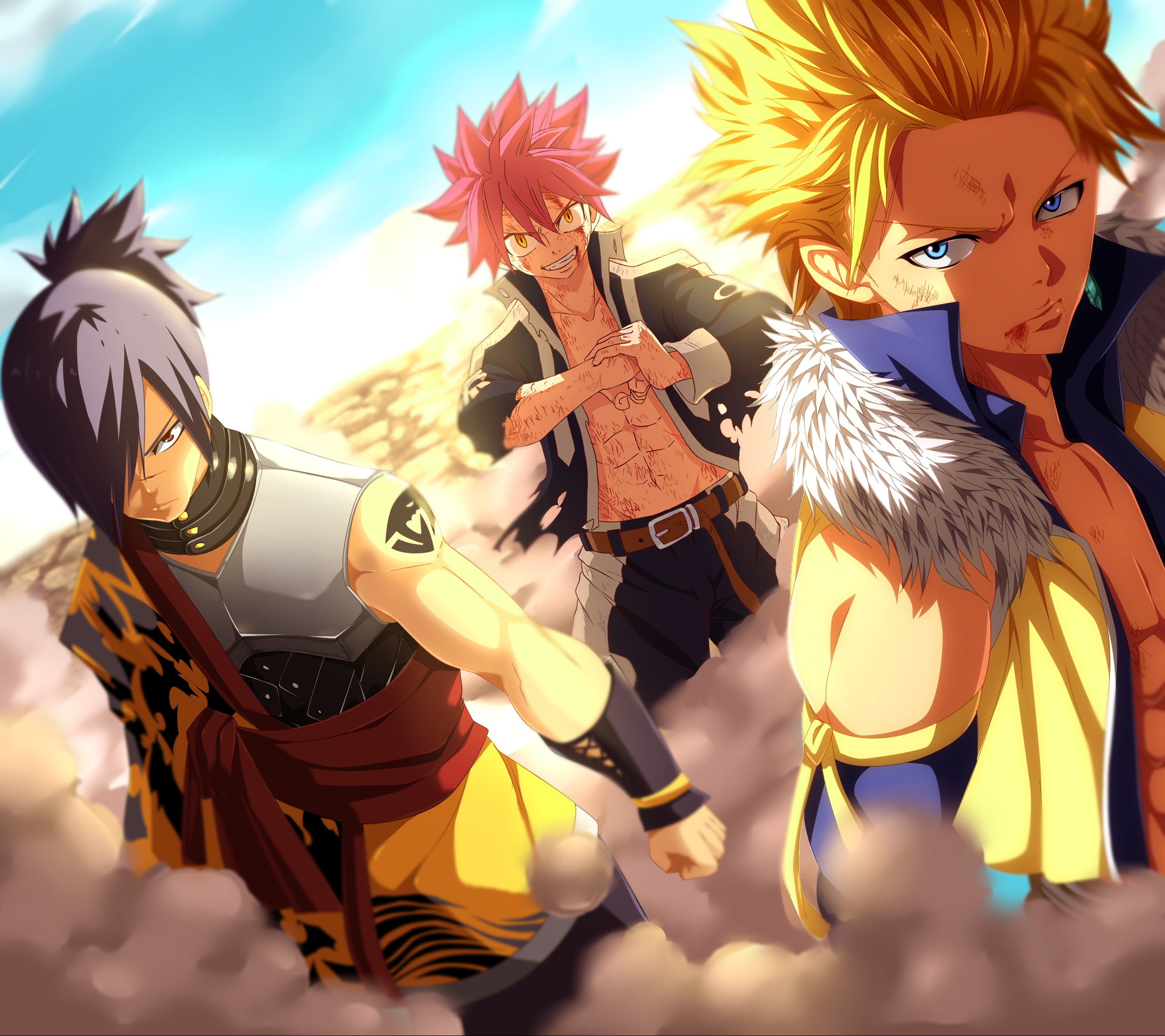Natsu Dragneel and two other male characters in battle HD Wallpaper