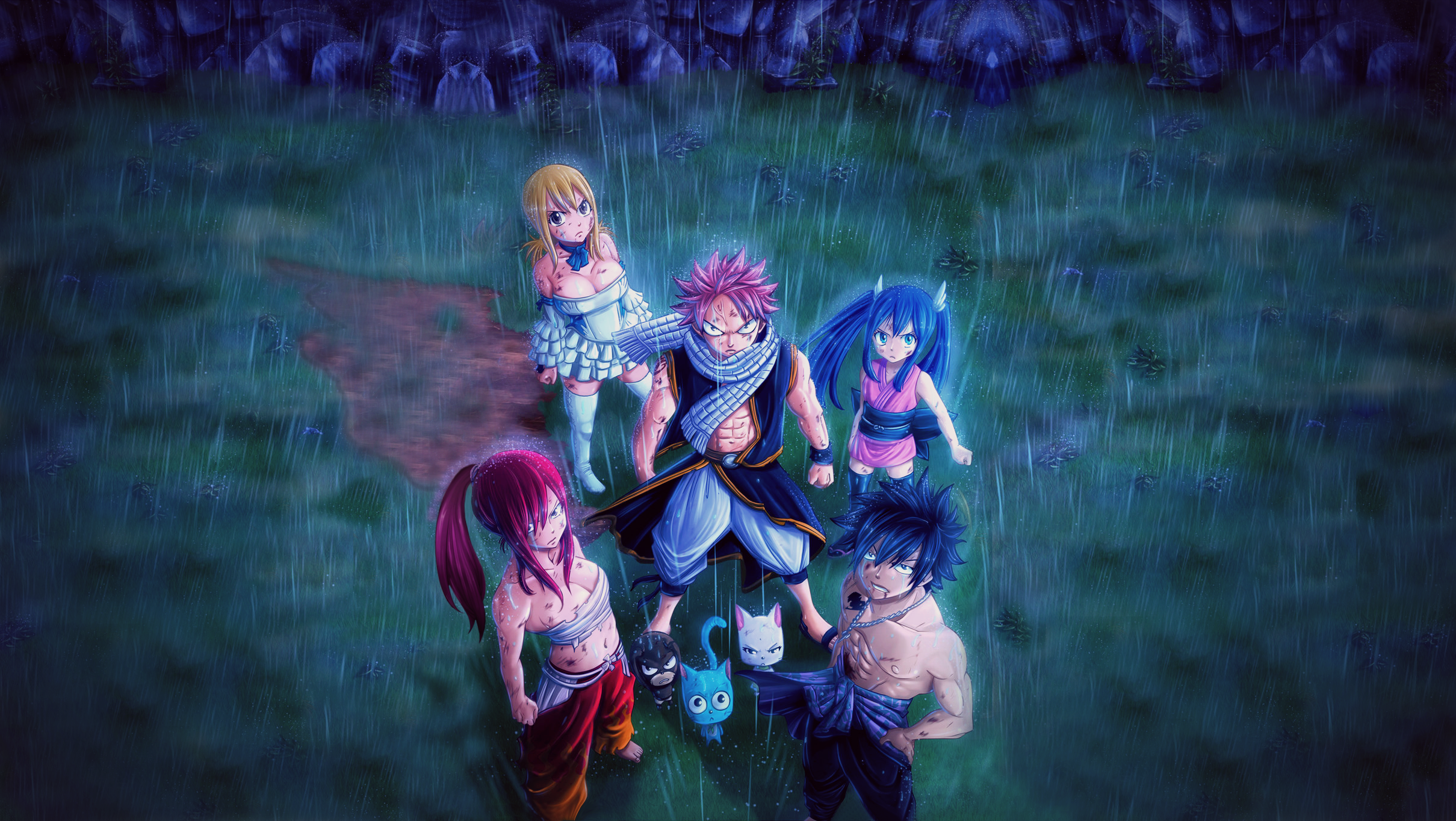 Fairy Tail characters in the rain HD Wallpaper