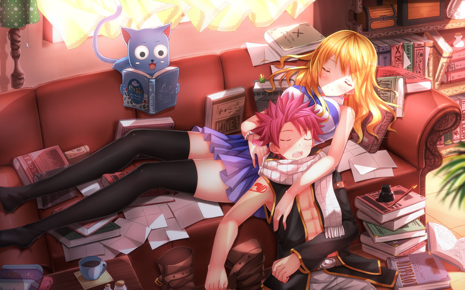 Natsu Dragneel and Lucy Heartfilia from Fairy Tail sleeping HD Wallpaper