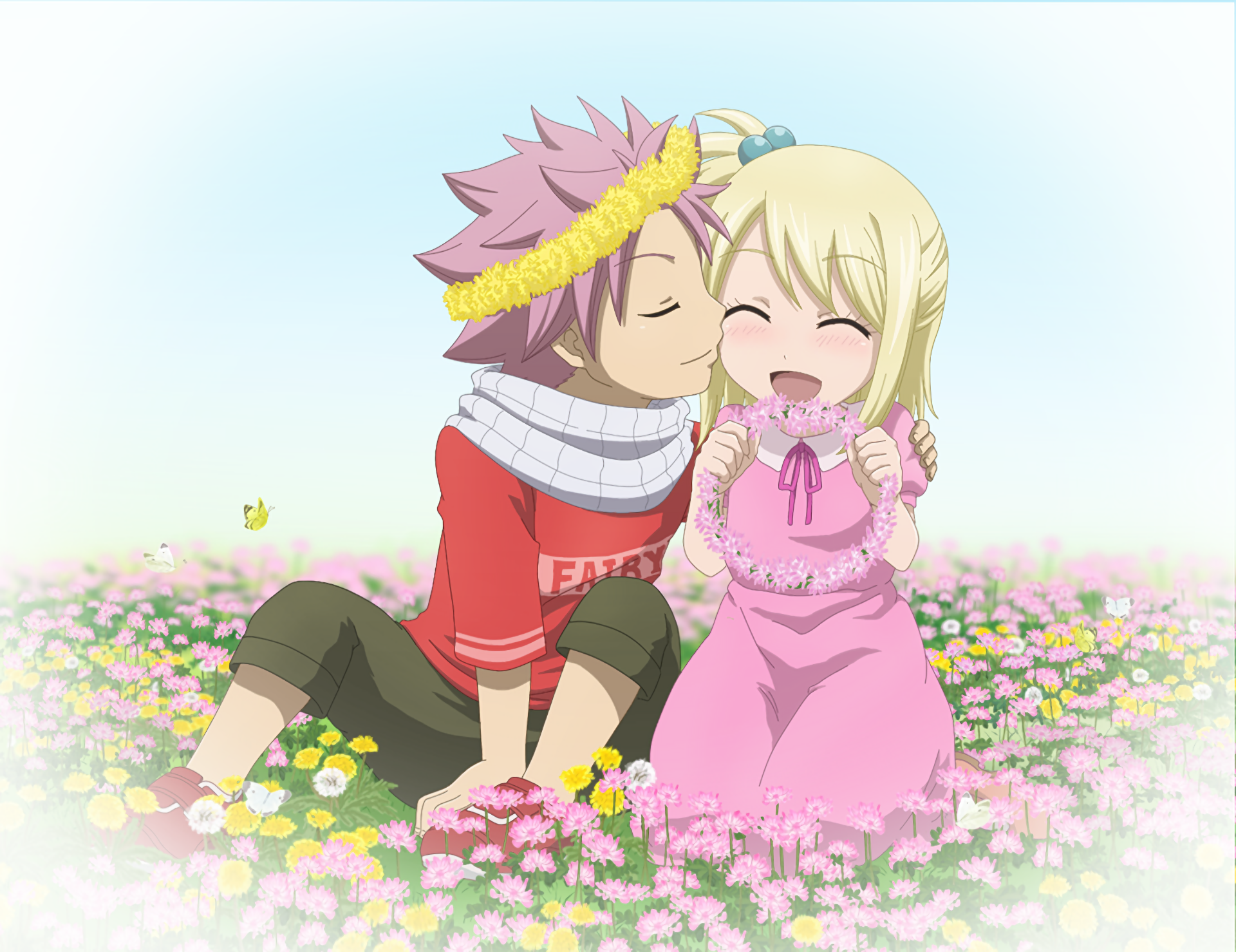 Natsu Dragneel and Lucy Heartfilia in a field of flowers HD Wallpaper