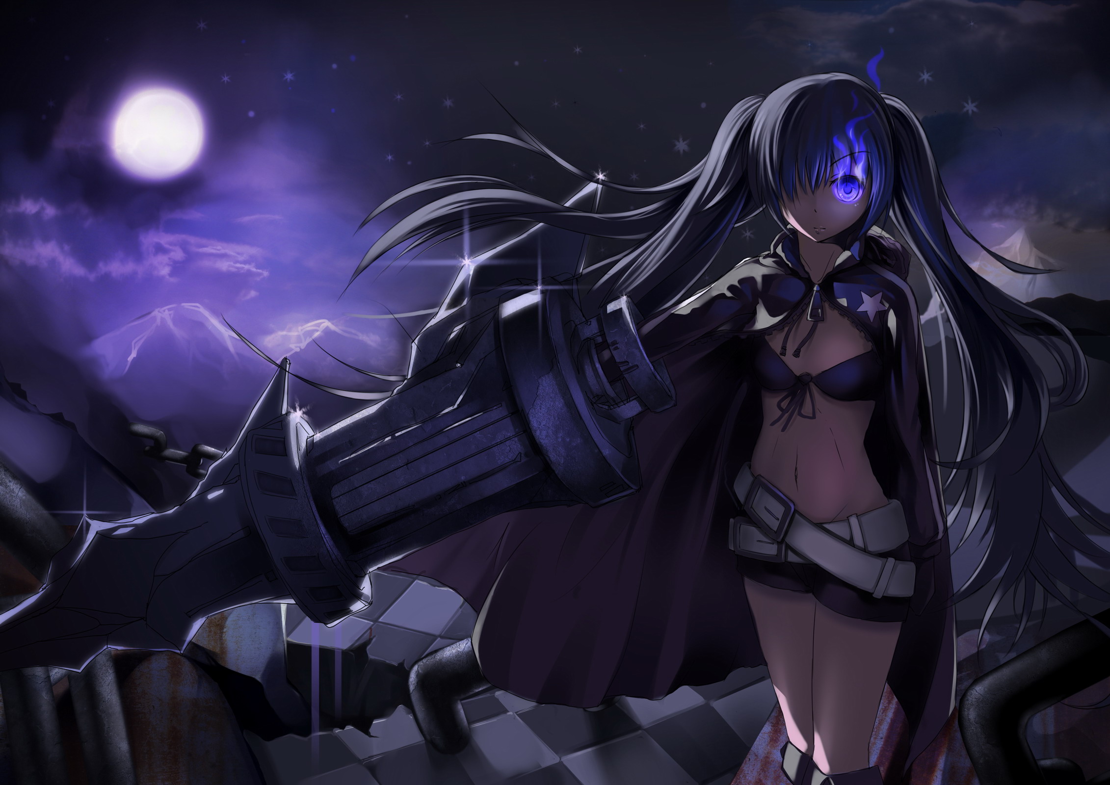 Black Rock Shooter with large cannon at night HD Wallpaper