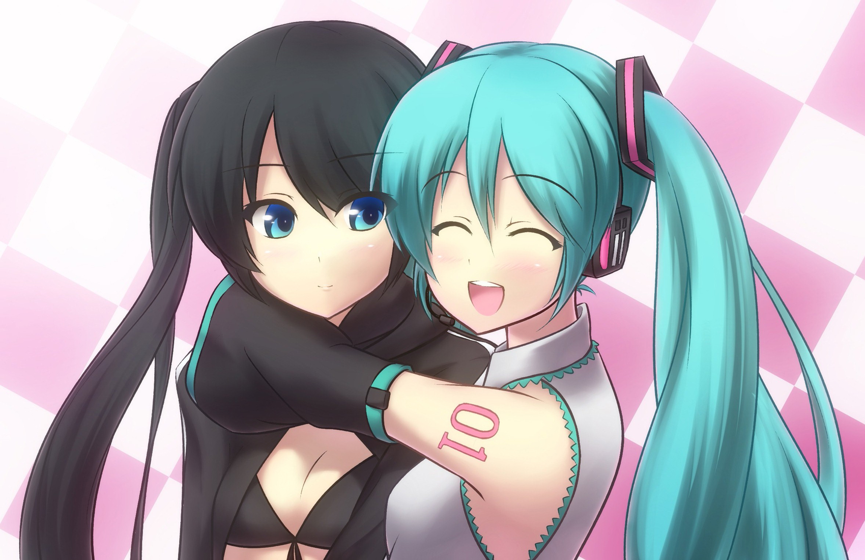 Black Rock Shooter and Hatsune Miku hugging HD Wallpaper