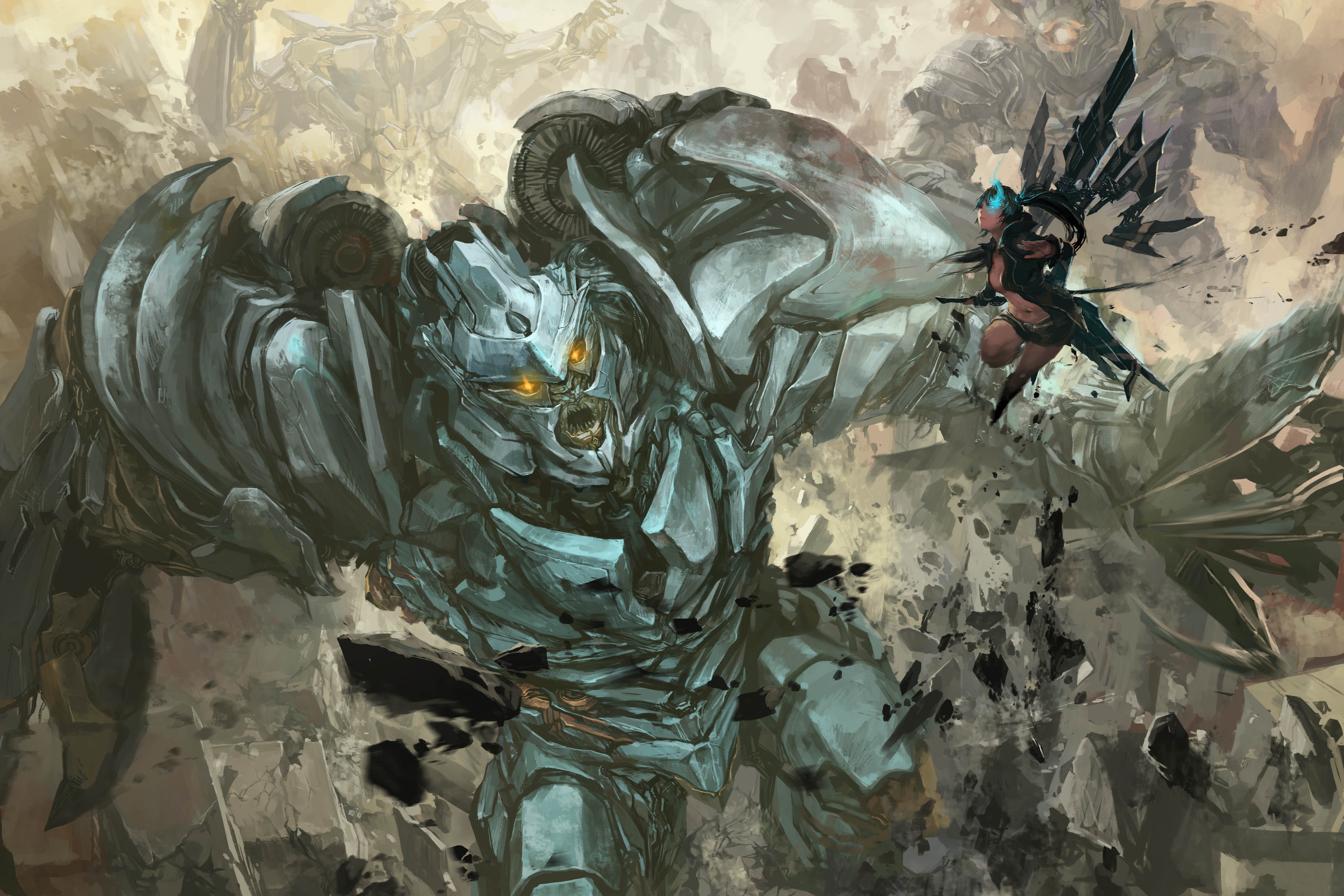 Black Rock Shooter fighting a giant robot HD Wallpaper