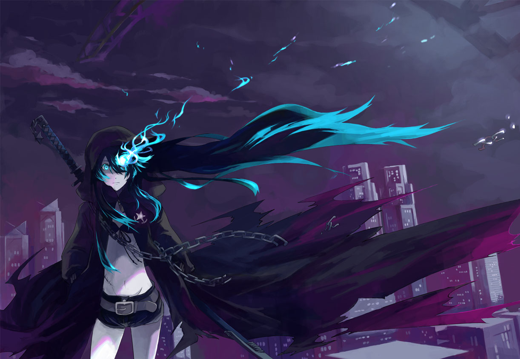 Black Rock Shooter in a dark city HD Wallpaper