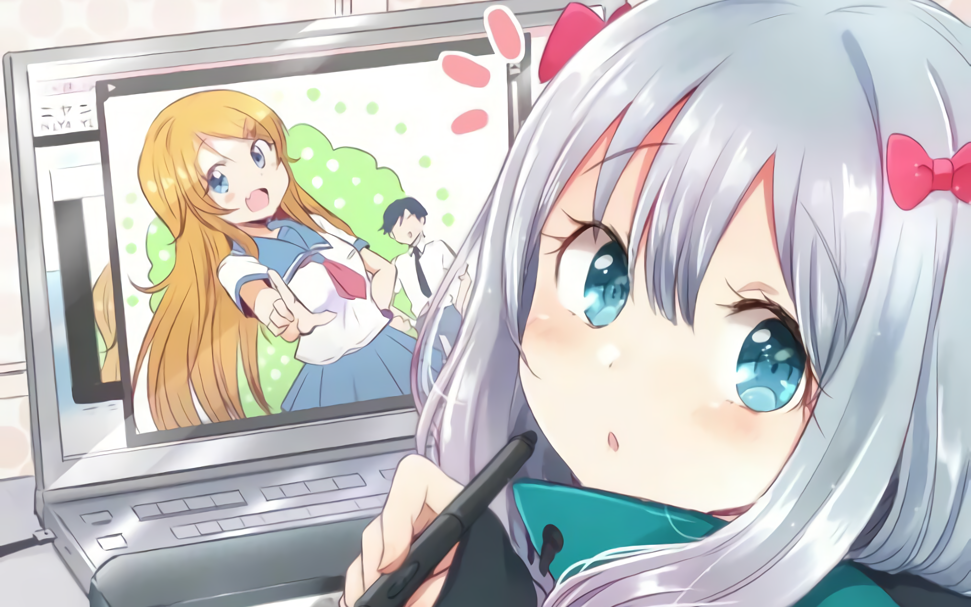 Sagiri Izumi drawing anime characters on a laptop HD Wallpaper