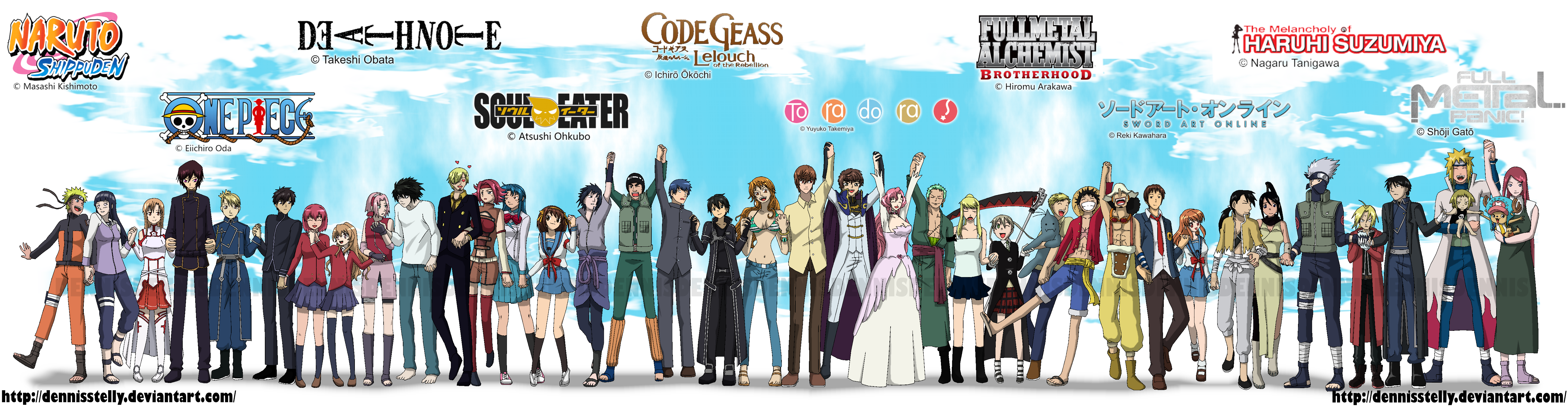Anime characters from Naruto, One Piece, Death Note, Soul Eater, Code Geass, Fullmetal Alchemist, Haruhi Suzumiya, and Sword Art Online HD Wallpaper