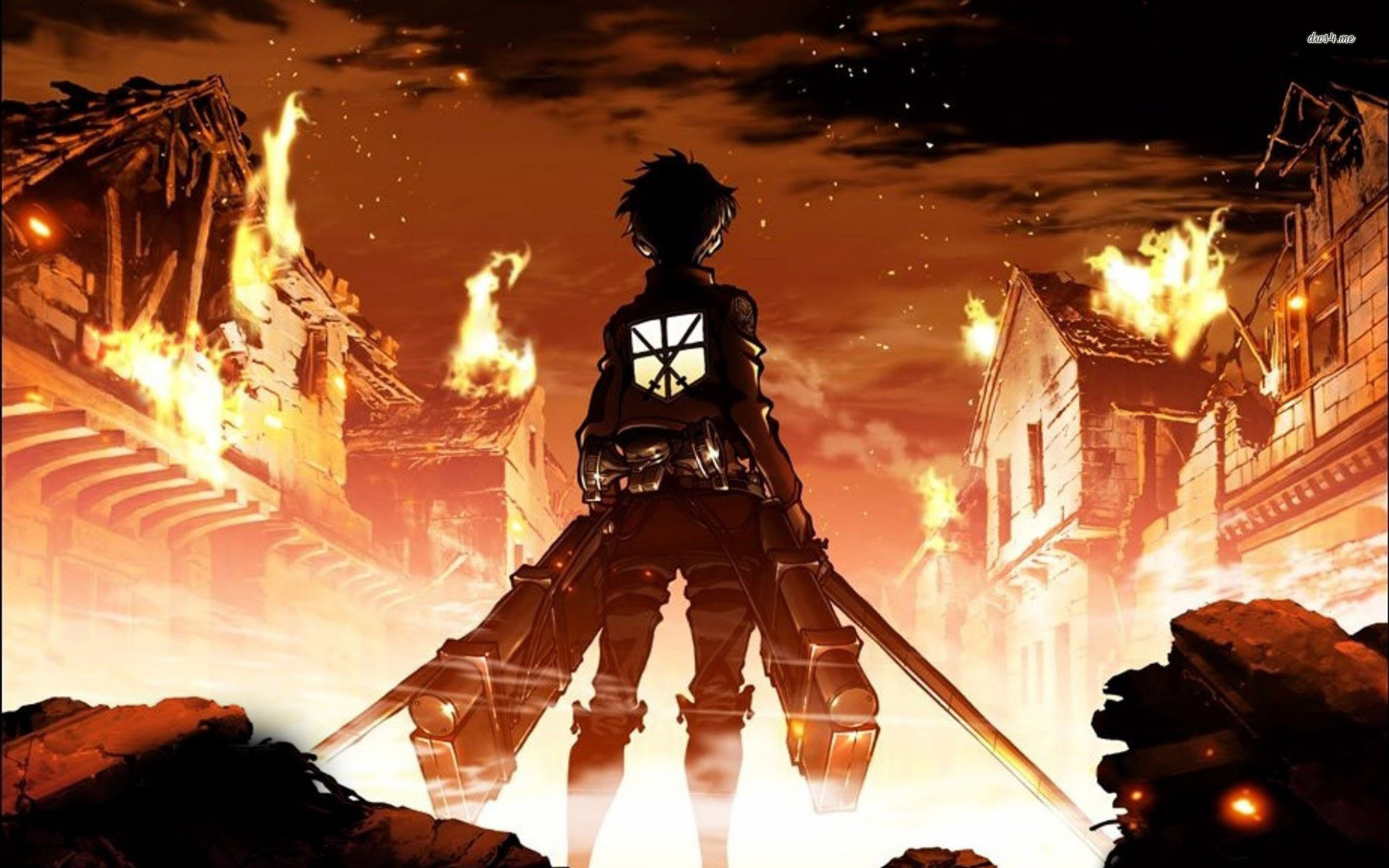 Eren Yeager from Attack on Titan in a burning city HD Wallpaper