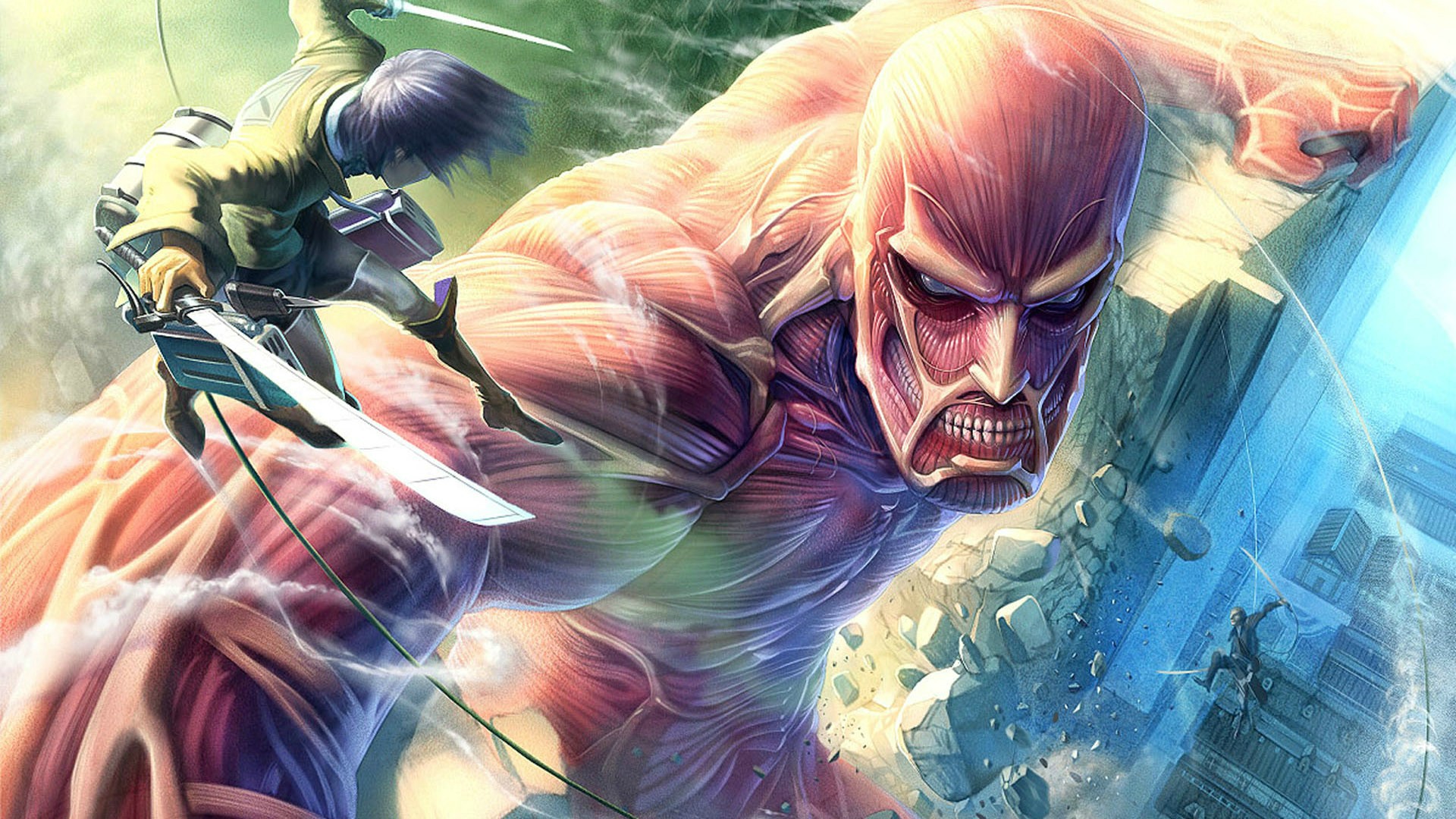 Eren Yeager Fighting the Colossal Titan HD Wallpaper