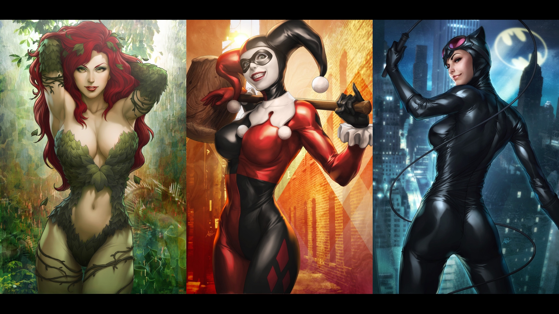 Poison Ivy, Harley Quinn, and Catwoman from DC Comics HD Wallpaper