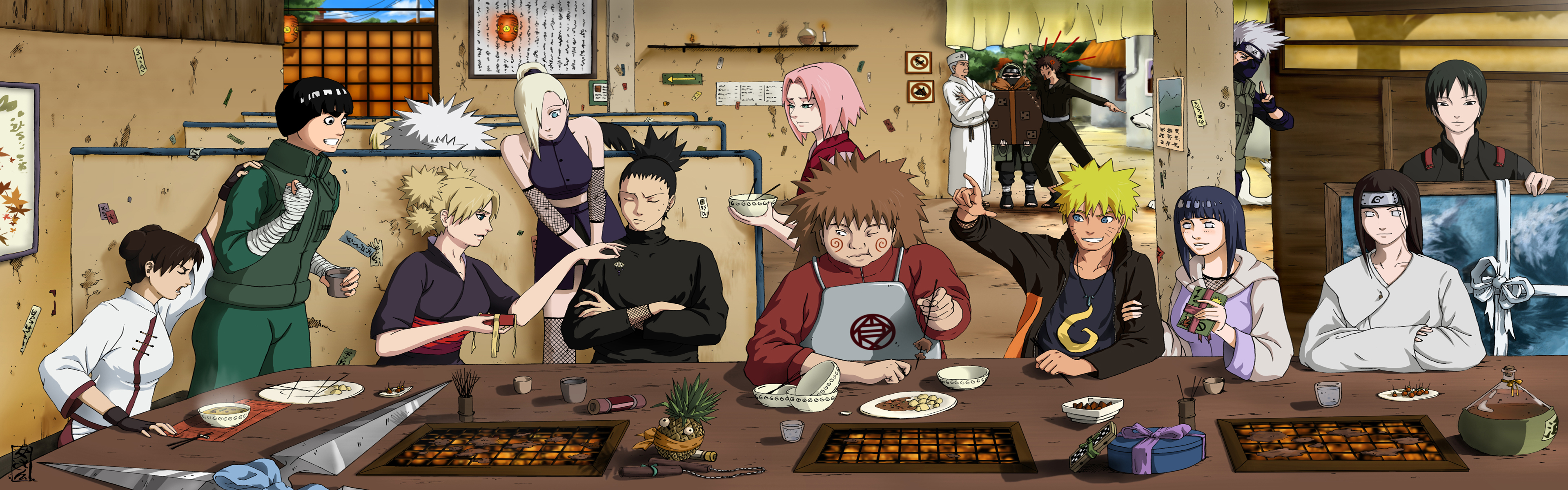 Naruto characters gathered around a table HD Wallpaper