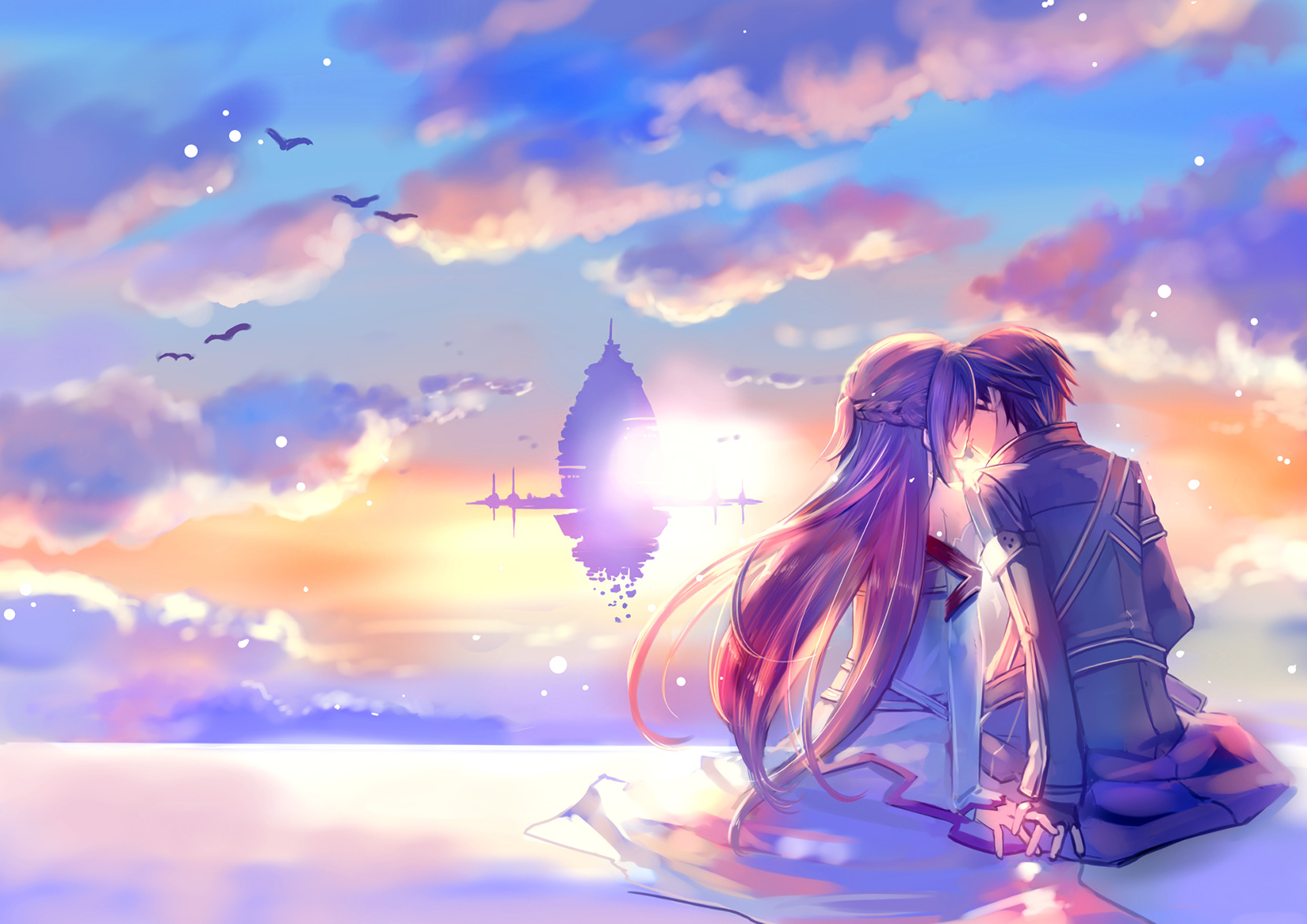 Kirito and Asuna from Sword Art Online kissing at sunset HD Wallpaper