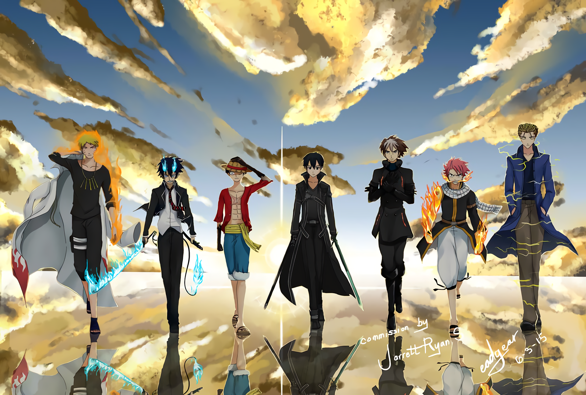 Anime characters Naruto, Rin Okumura, Luffy, Kirito, Gray, Natsu, and Gilgamesh HD Wallpaper