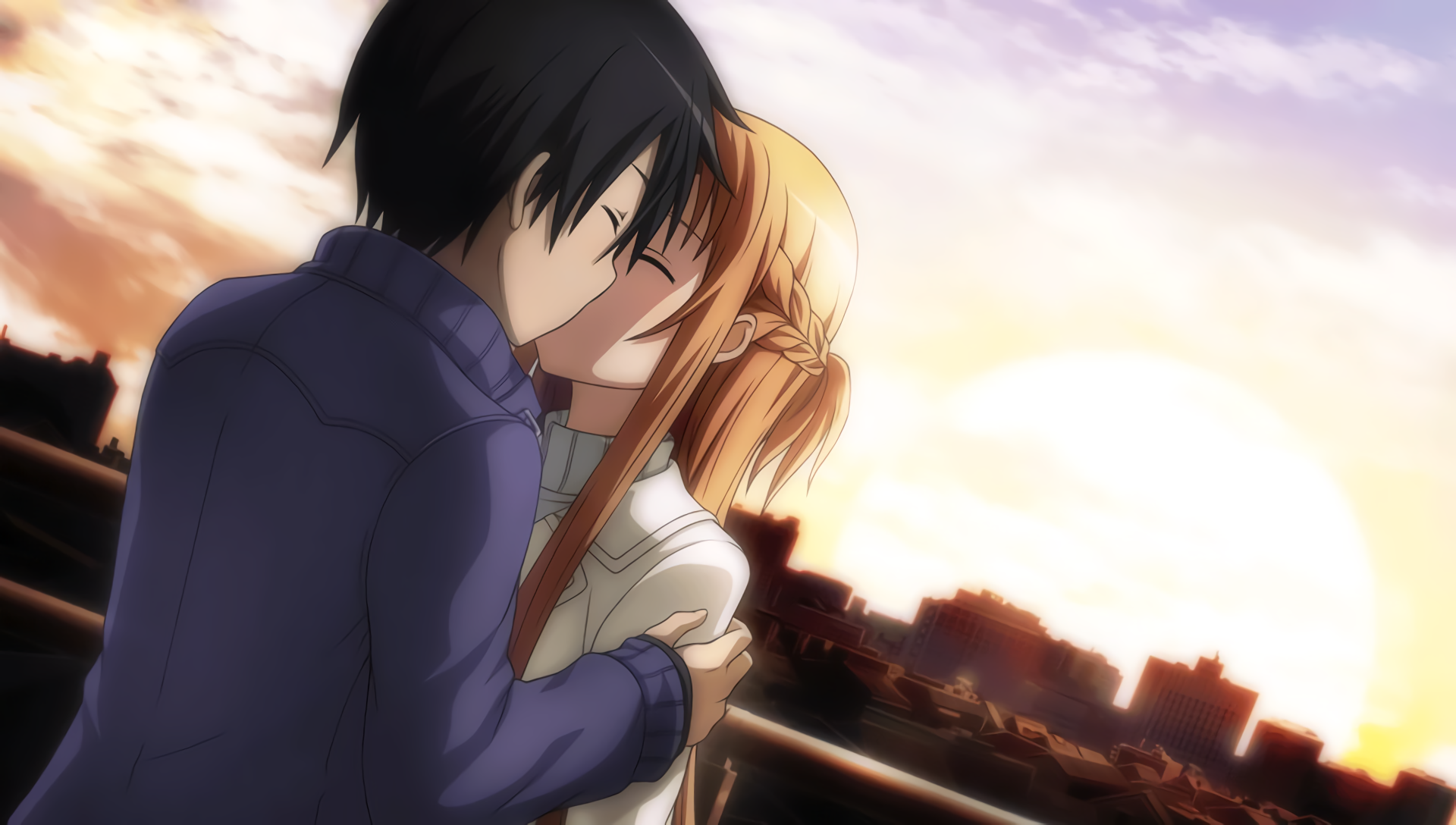 Kirito and Asuna kissing at sunset HD Wallpaper