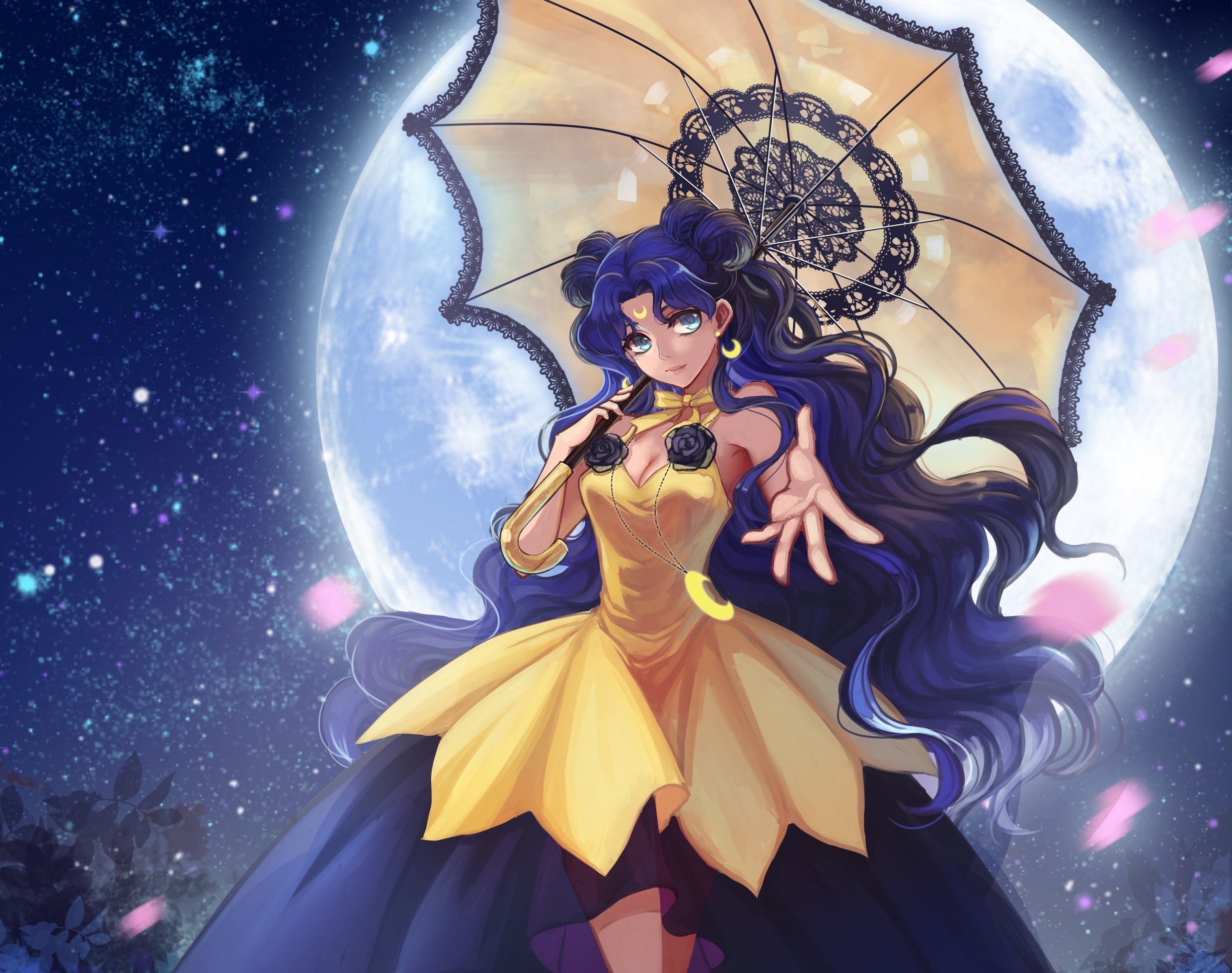 Sailor Moon Character with Umbrella and Moon HD Wallpaper