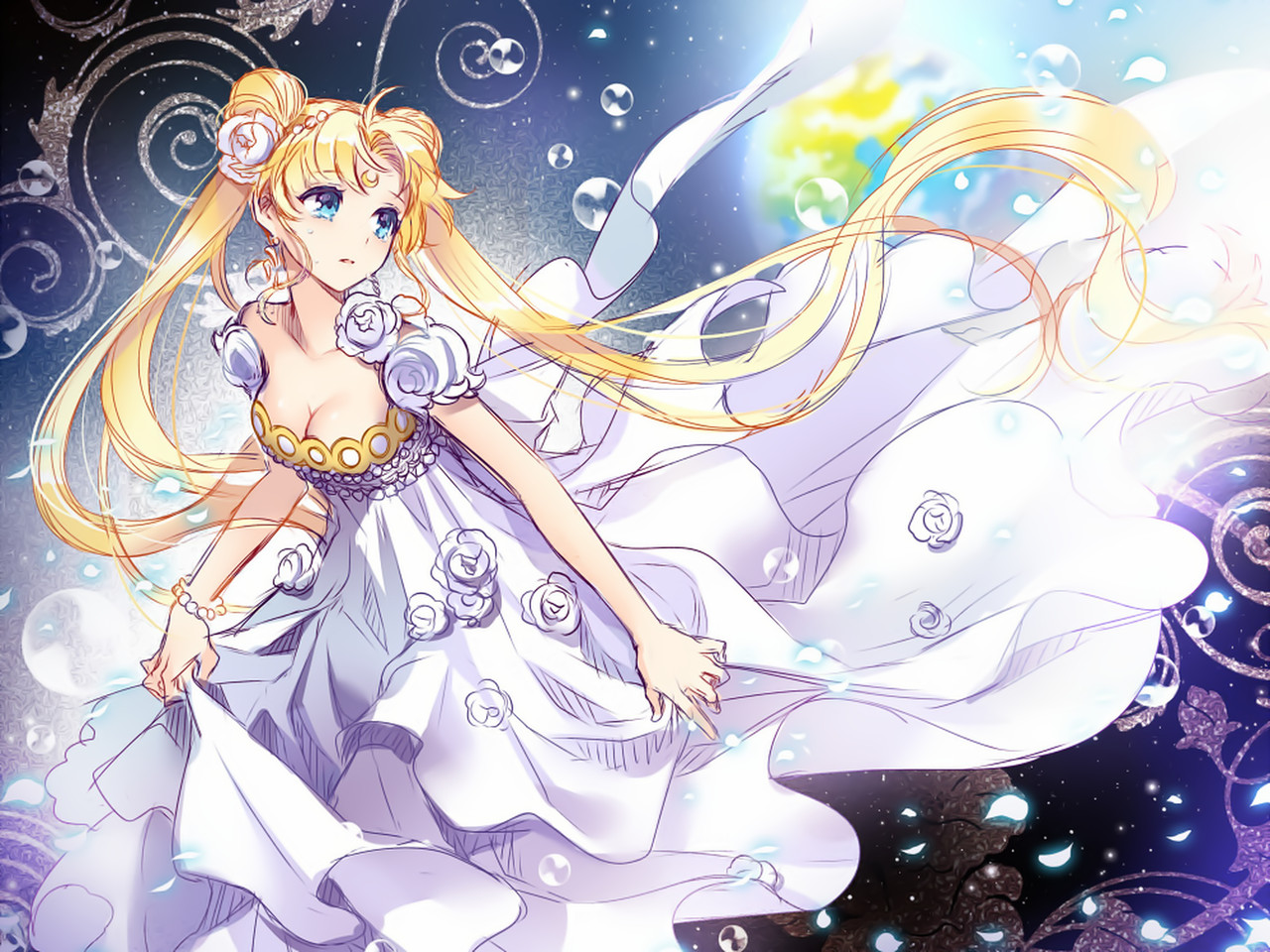 Sailor Moon in Flowing White Dress Among Bubbles HD Wallpaper