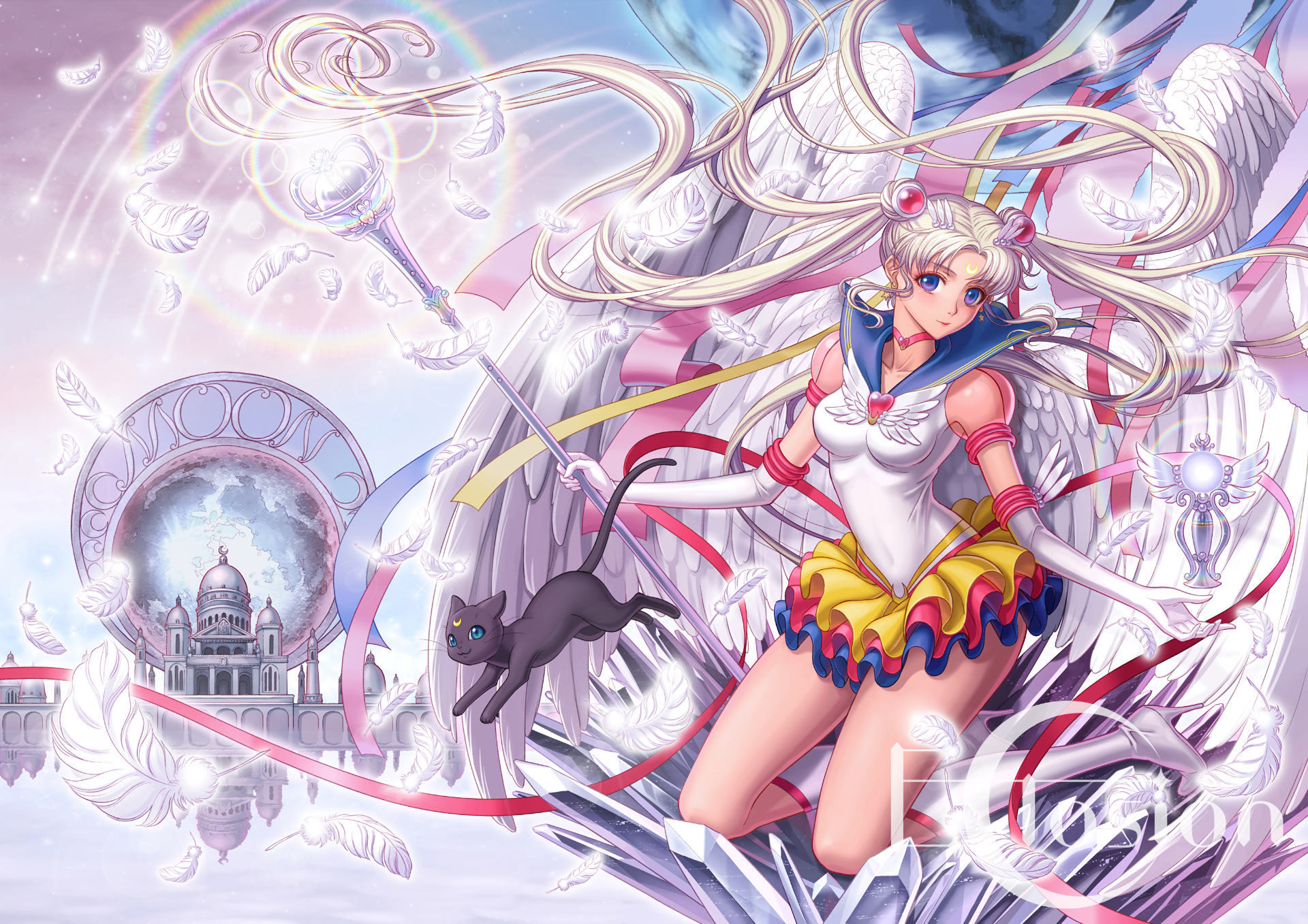 Sailor Moon with Black Cat and Angel Wings HD Wallpaper