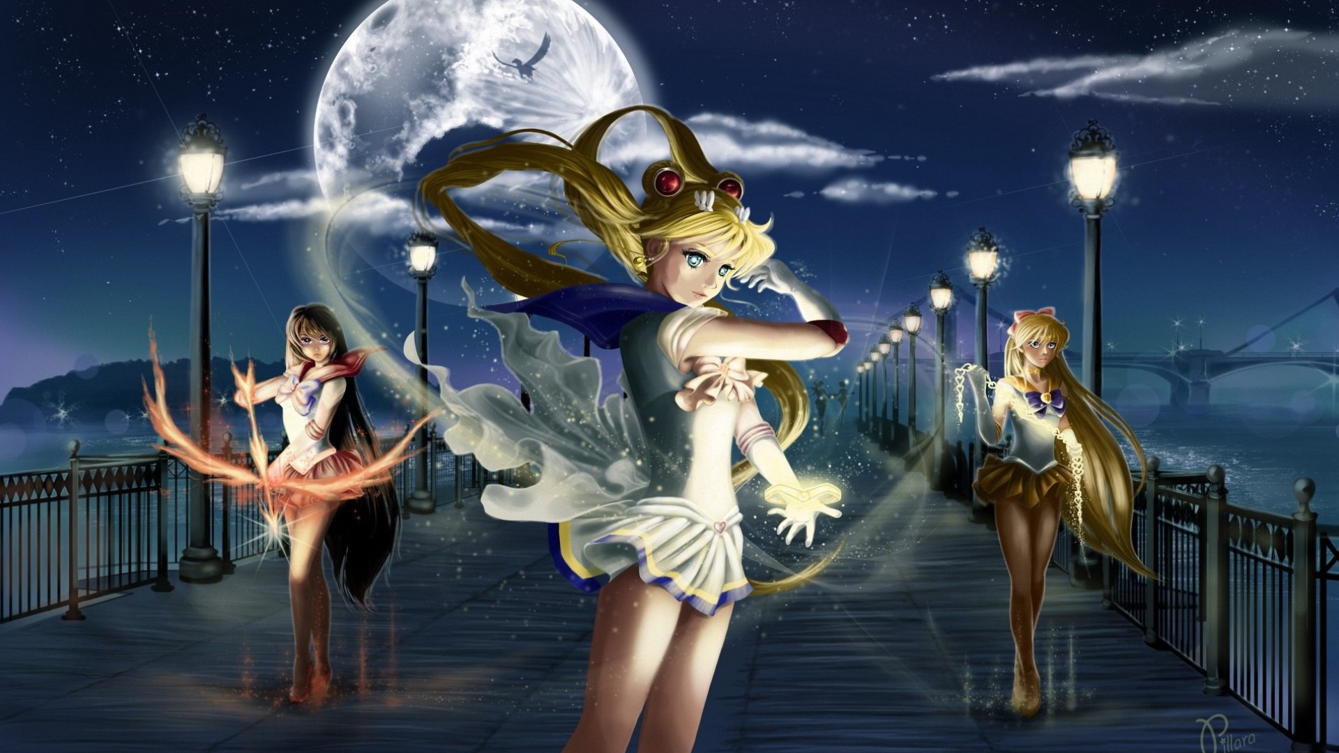 Sailor Moon characters on a pier at night HD Wallpaper