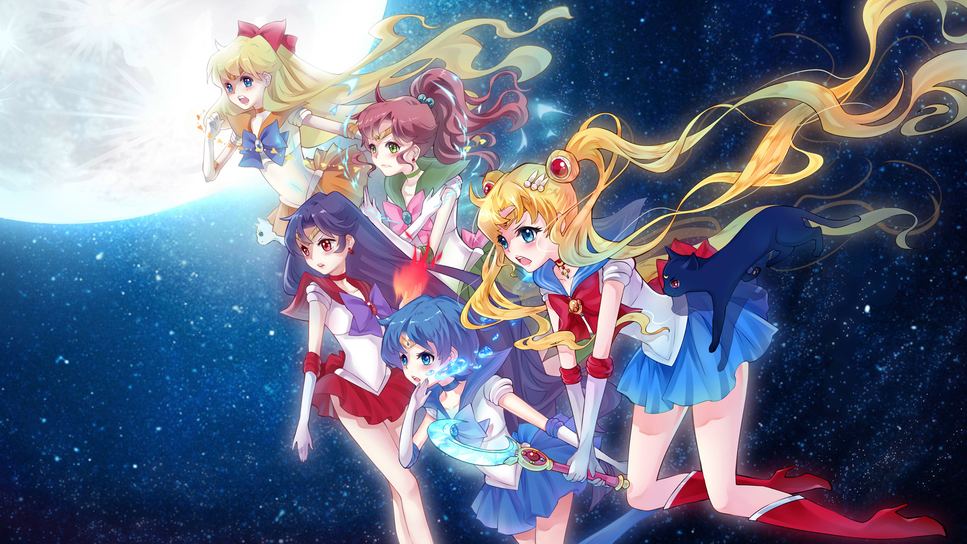 Sailor Moon characters in space with moon HD Wallpaper
