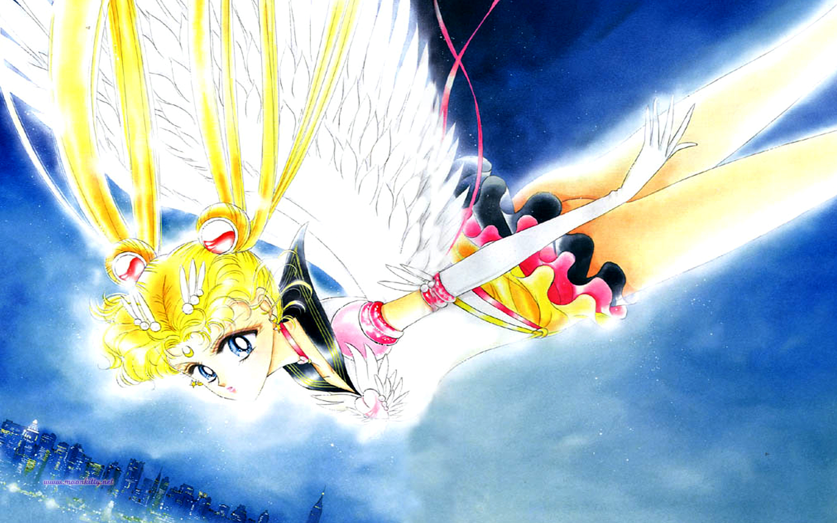 Sailor Moon flying over a city HD Wallpaper