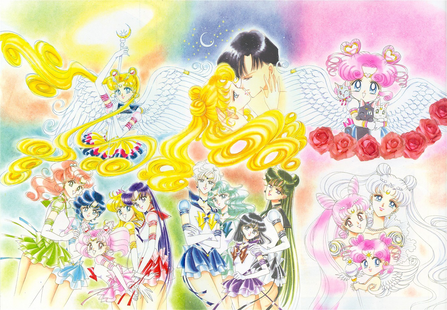 Sailor Moon characters in a colorful illustration HD Wallpaper