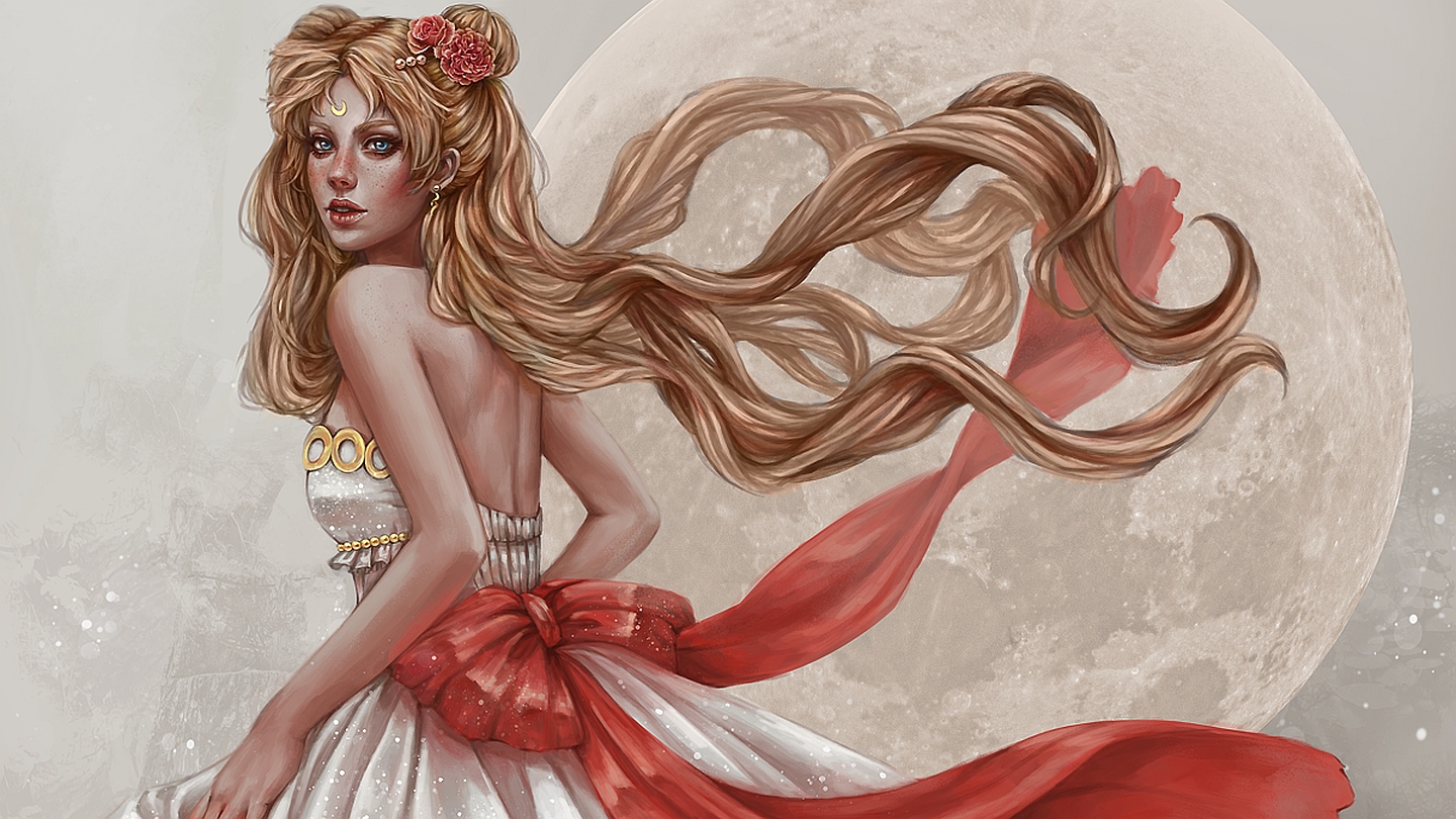 Sailor Moon in a white dress with red bow HD Wallpaper