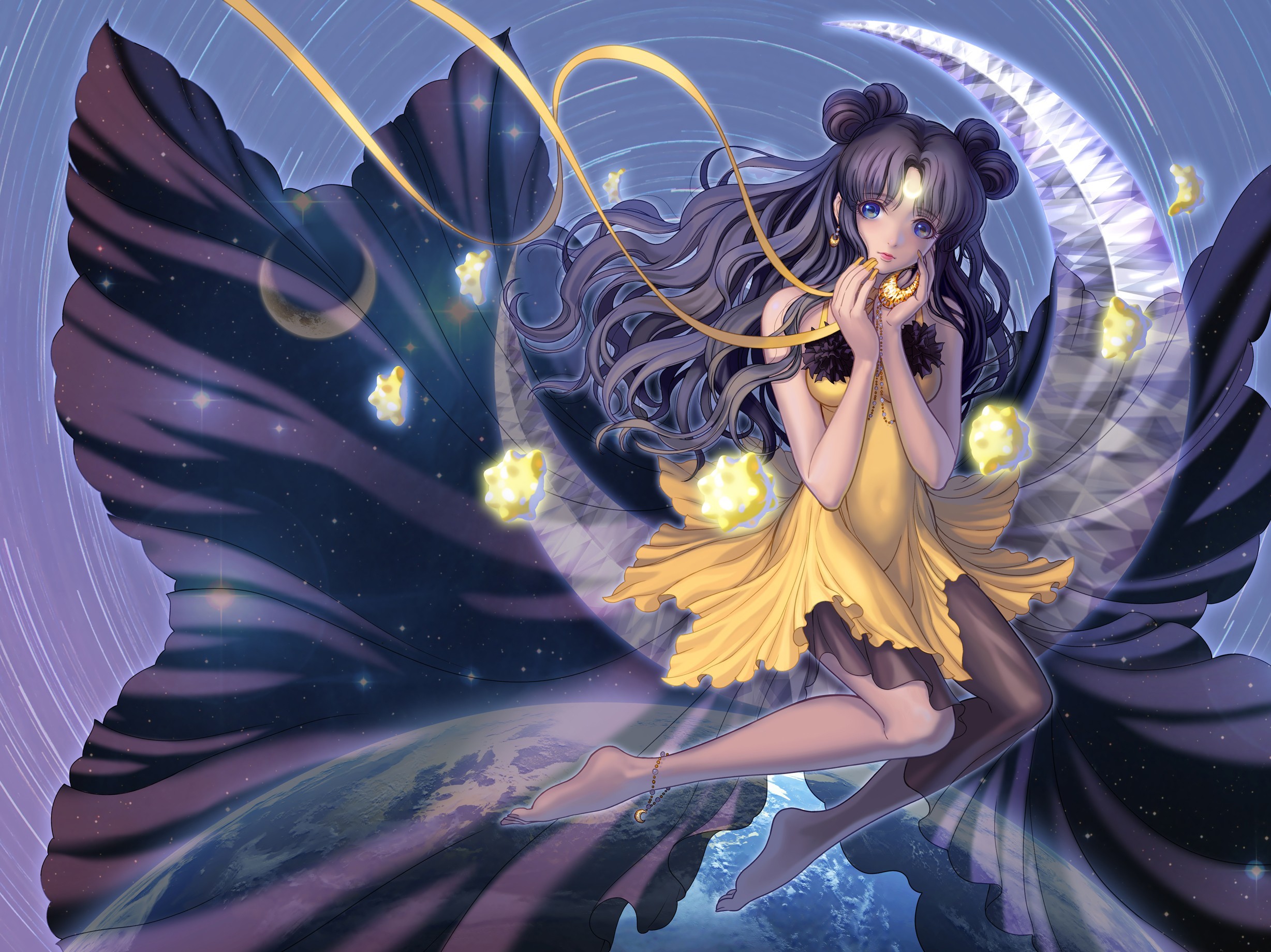 Sailor Moon character in yellow dress with moon and stars HD Wallpaper