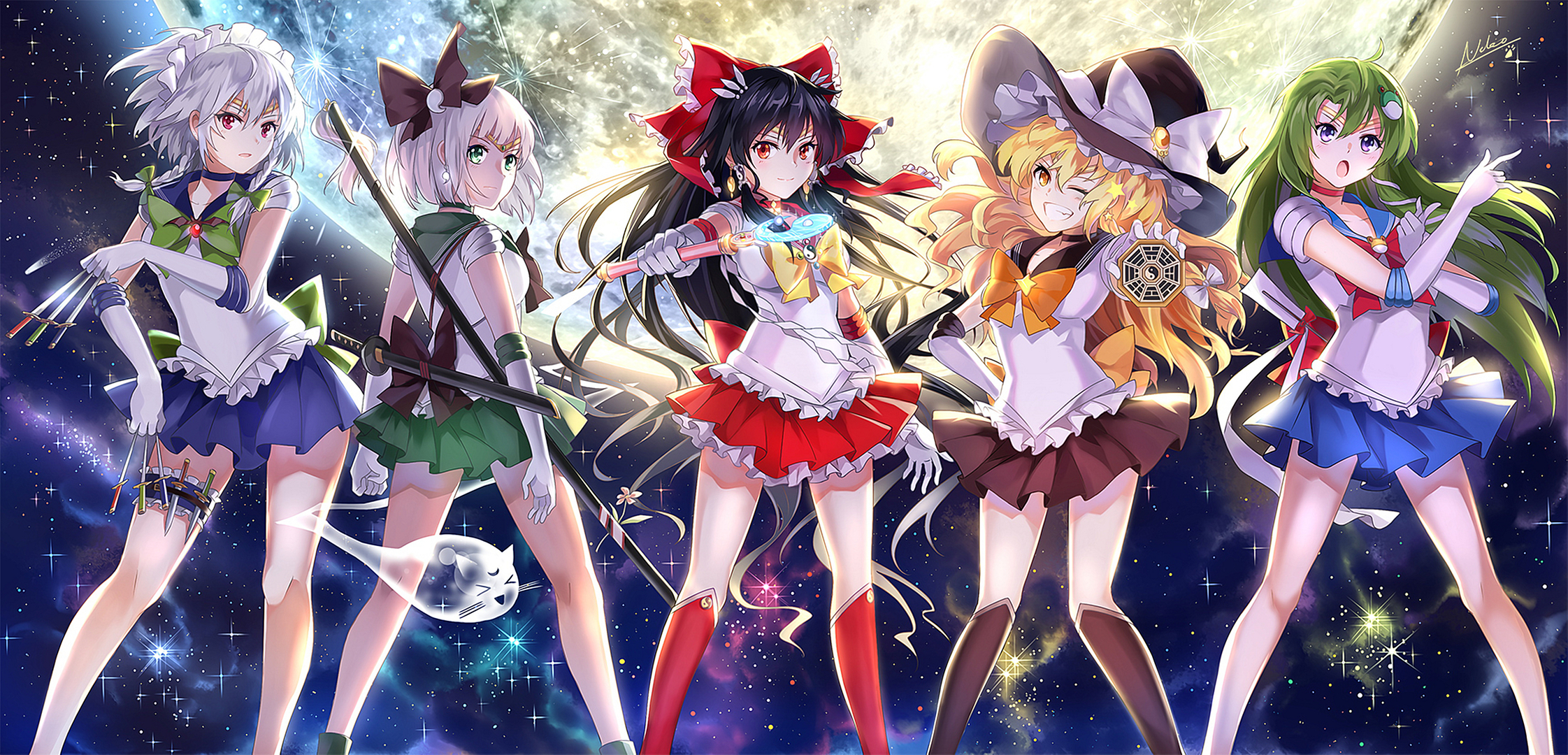 Five anime girls in Sailor Moon outfits HD Wallpaper
