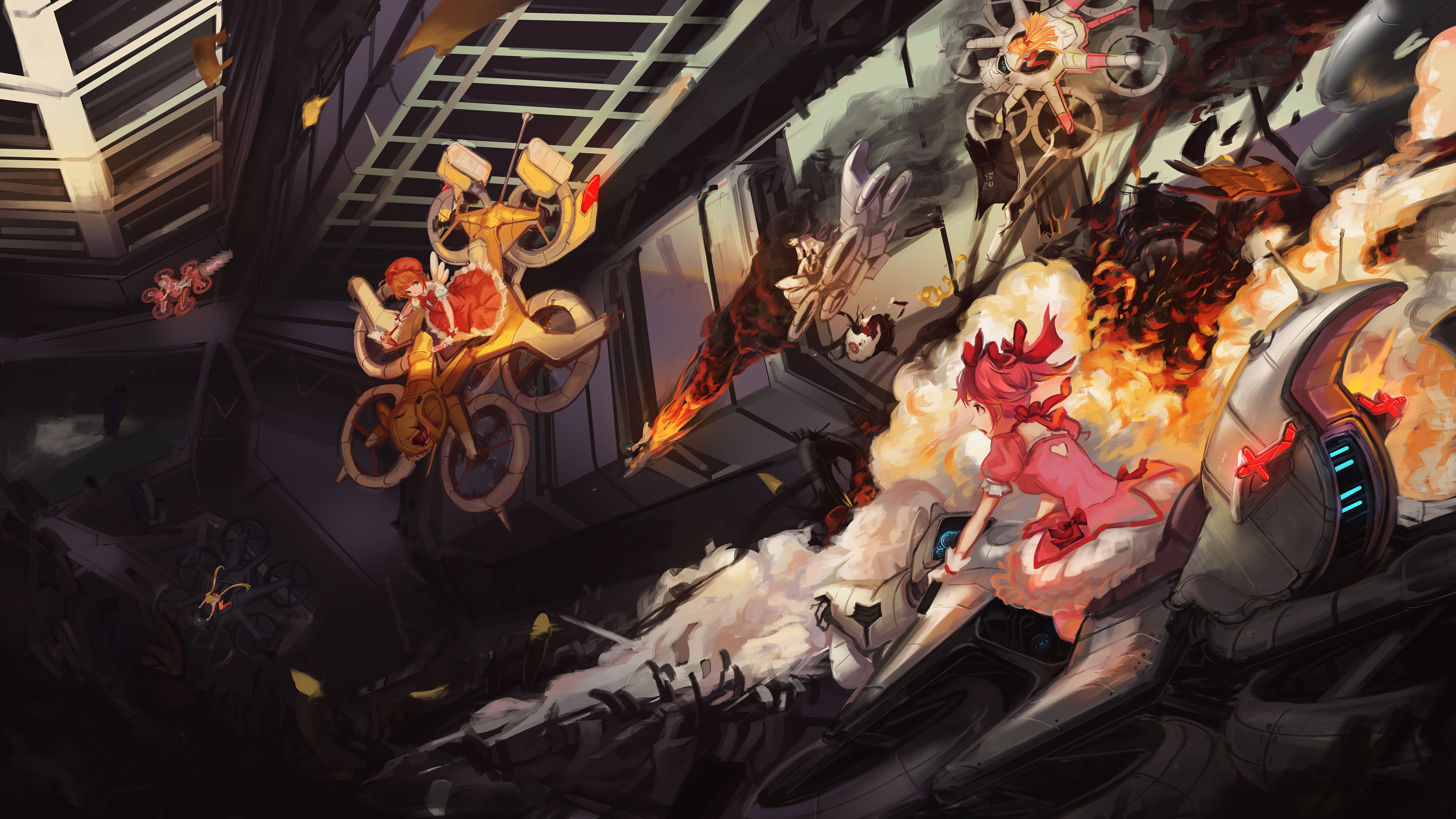 Girls in flying vehicles in a battle HD Wallpaper