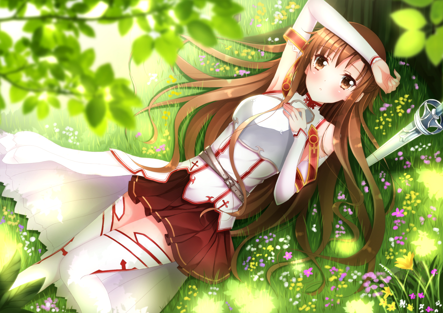 Asuna Yuuki from Sword Art Online lying in a field HD Wallpaper