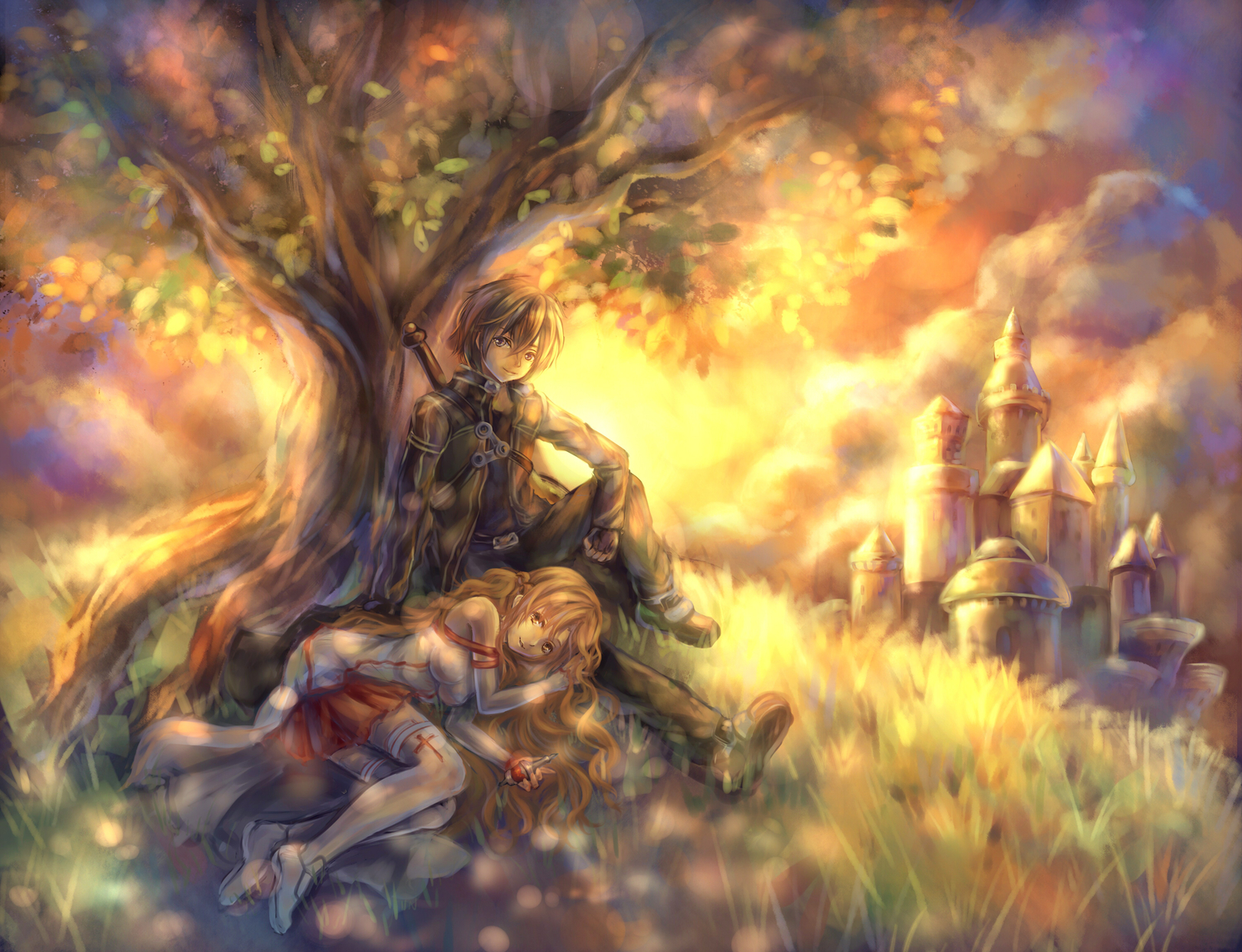 Asuna Yuuki under a tree with a castle in the background HD Wallpaper