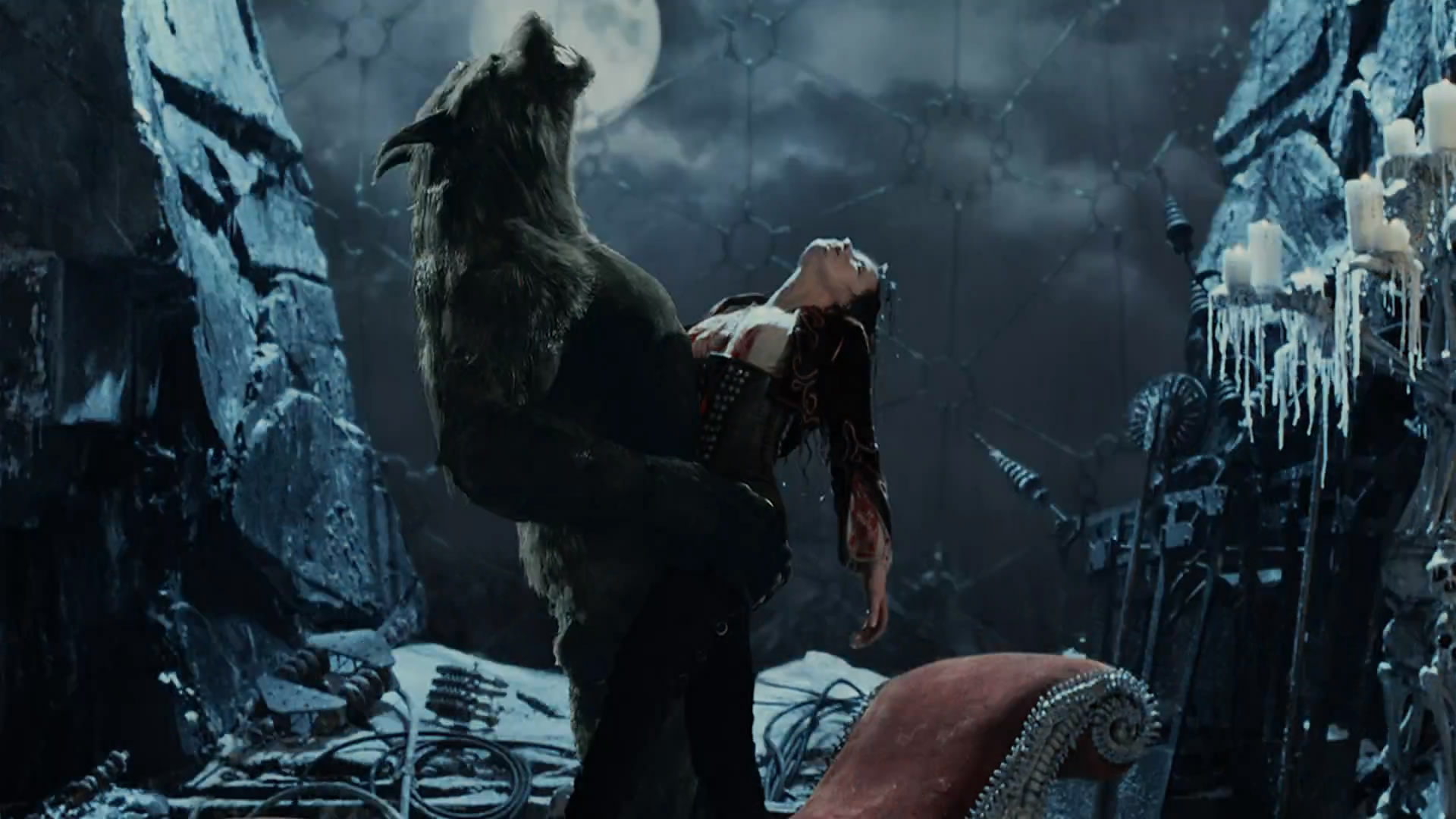 Werewolf carrying a woman in a dark, moonlit room HD Wallpaper