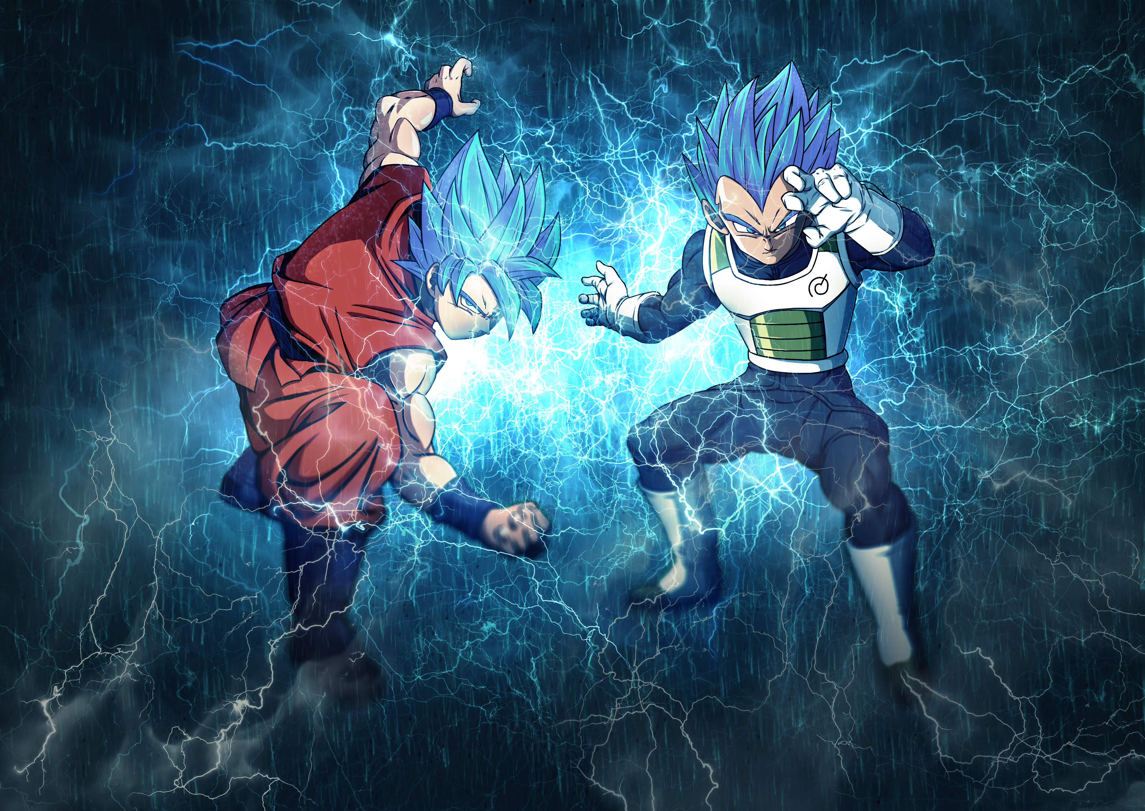 Goku and Vegeta from Dragon Ball fighting amidst lightning HD Wallpaper