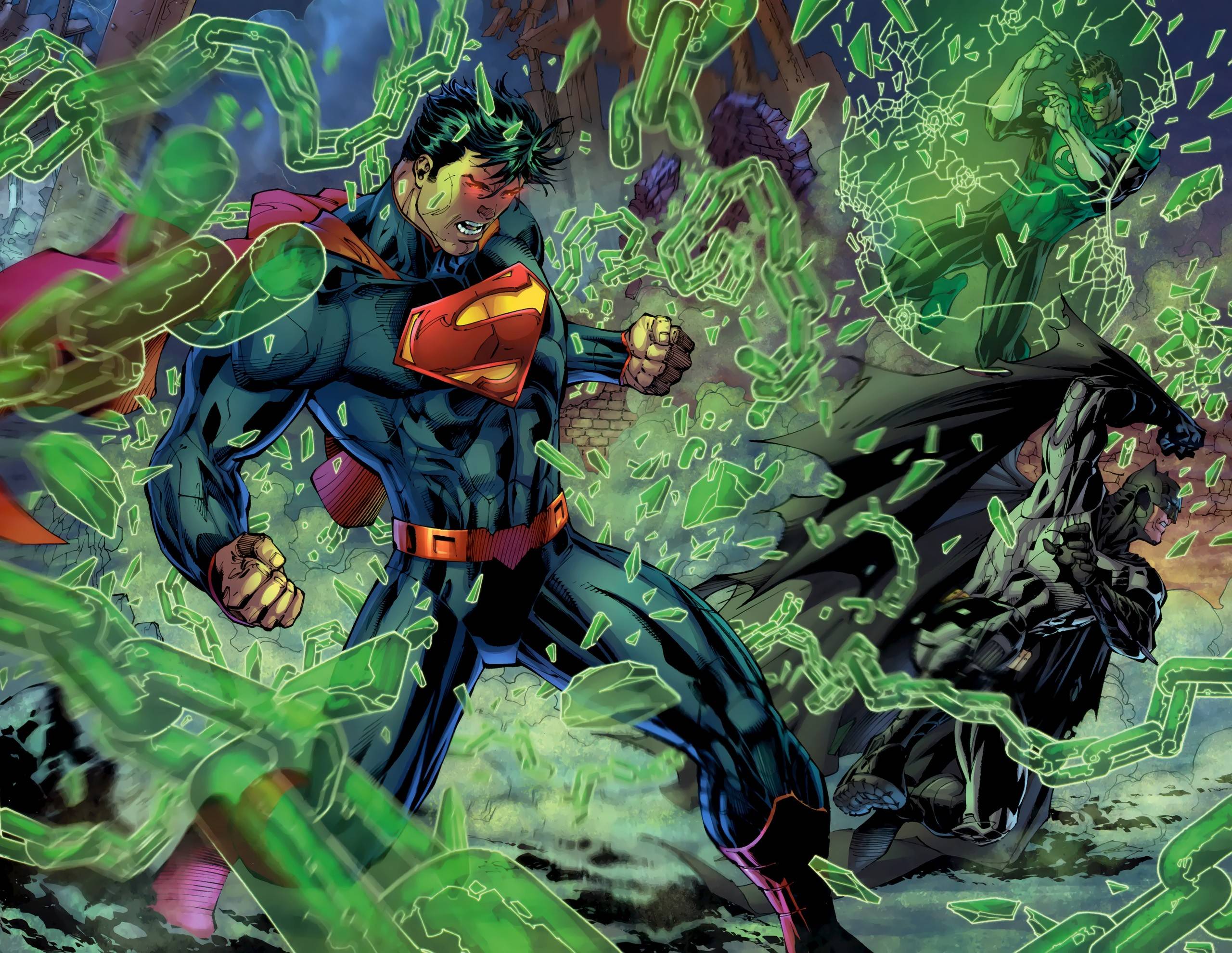 Superman and Batman fighting Green Lantern HD Wallpaper
