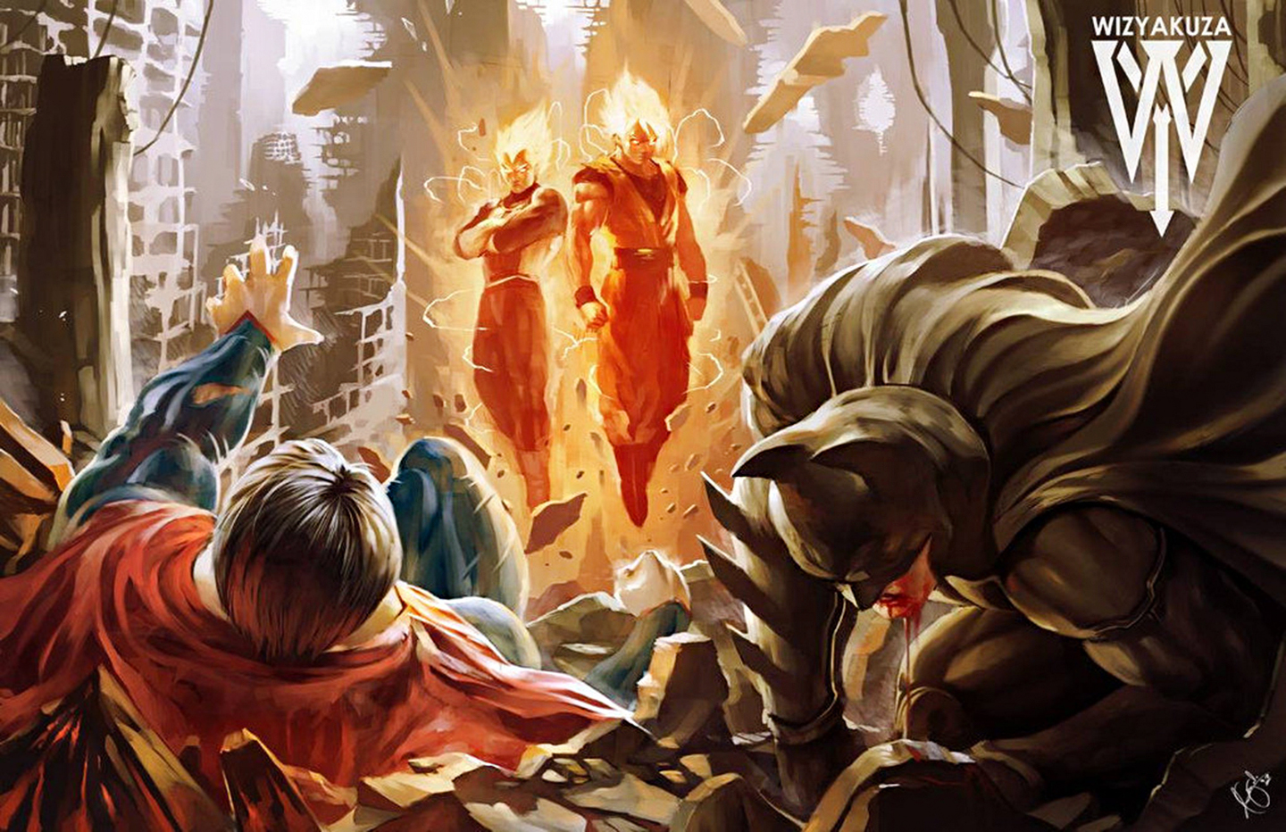 Goku and Vegeta vs. Superman and Batman HD Wallpaper