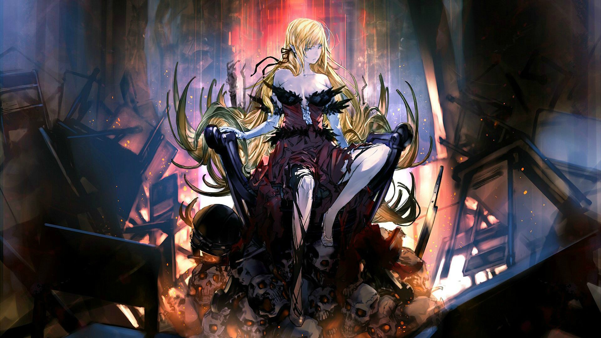 Shinobu Oshino sitting on a throne of skulls HD Wallpaper