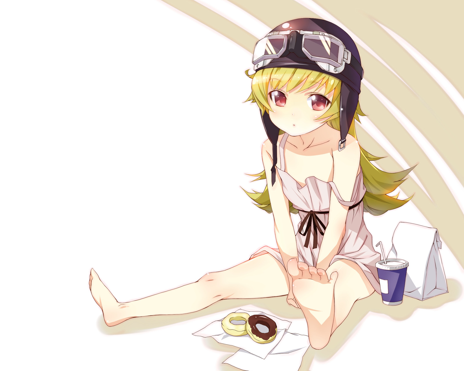 Shinobu Oshino with donuts and drink HD Wallpaper