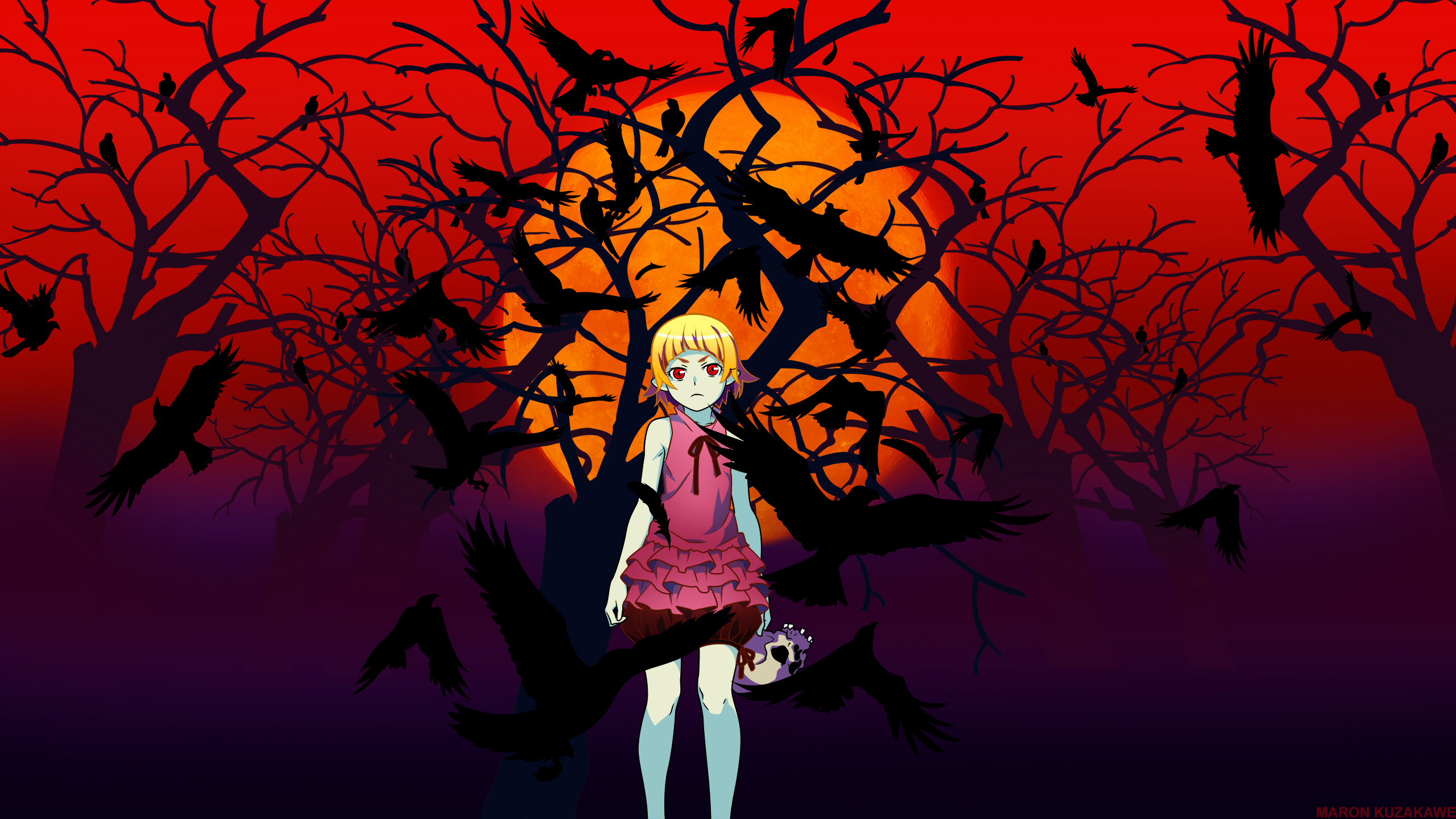 Shinobu Oshino surrounded by crows HD Wallpaper