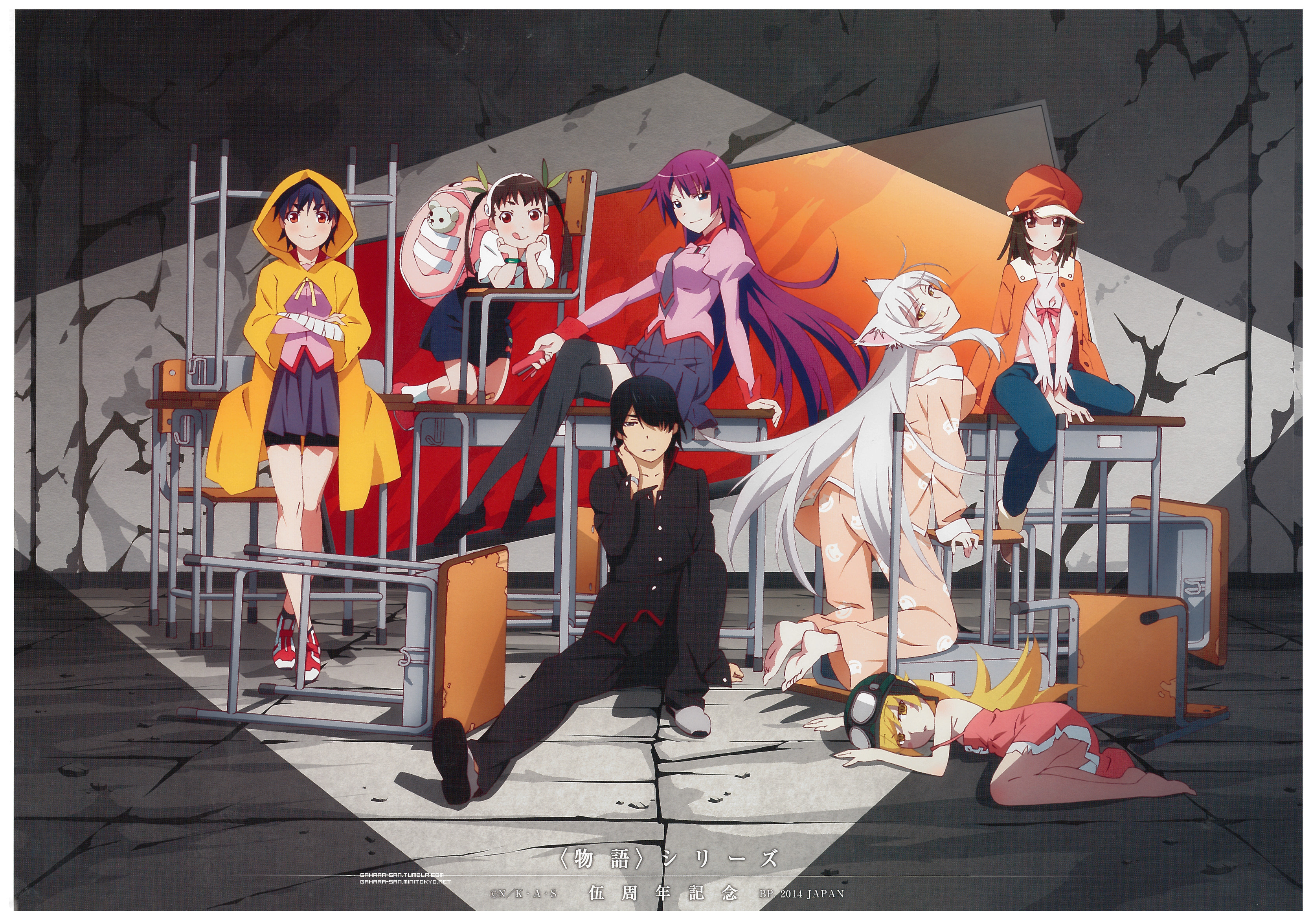 Monogatari Series characters in a classroom setting HD Wallpaper