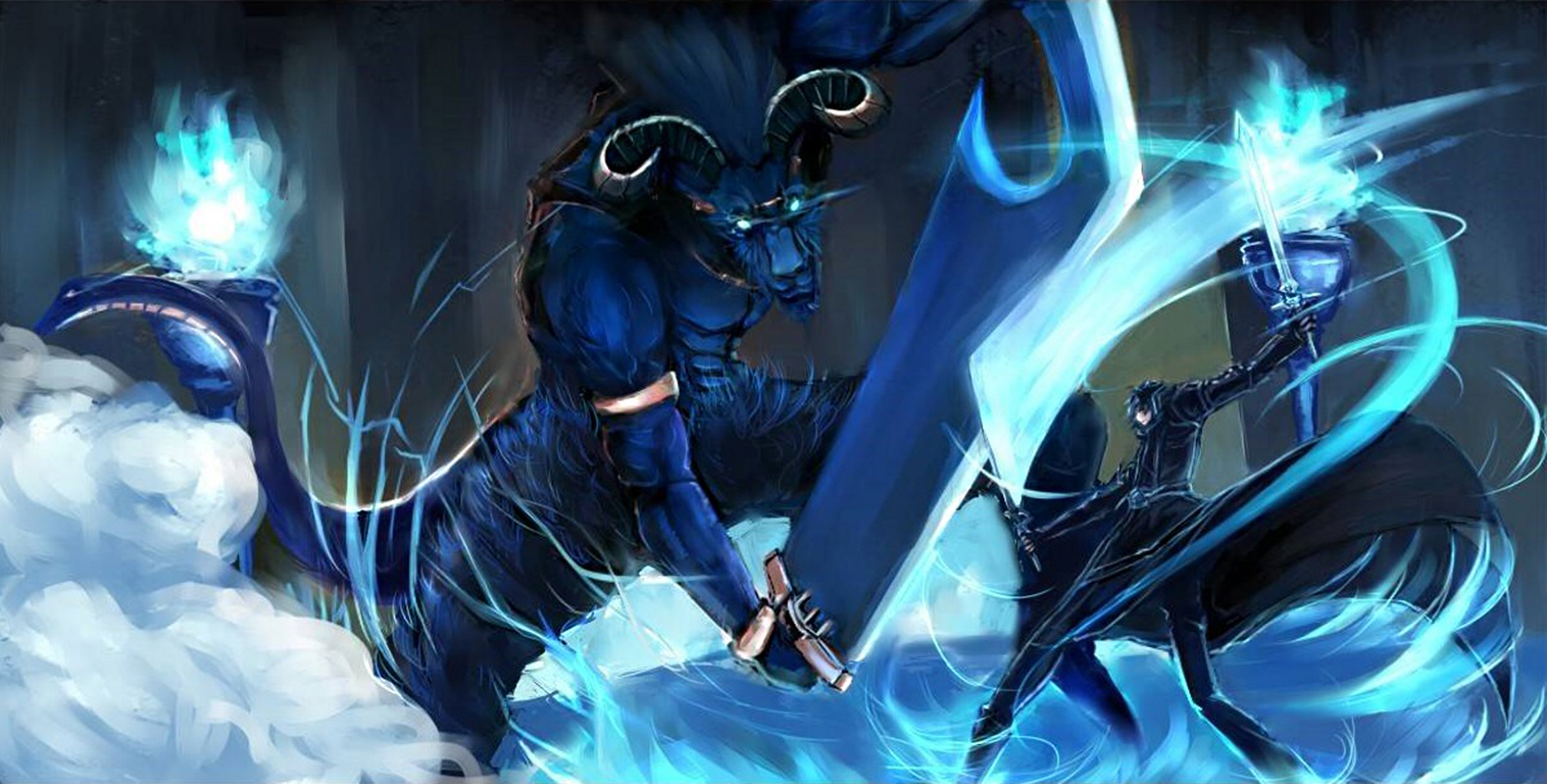 Kirito fighting a blue demon beast HD Wallpaper